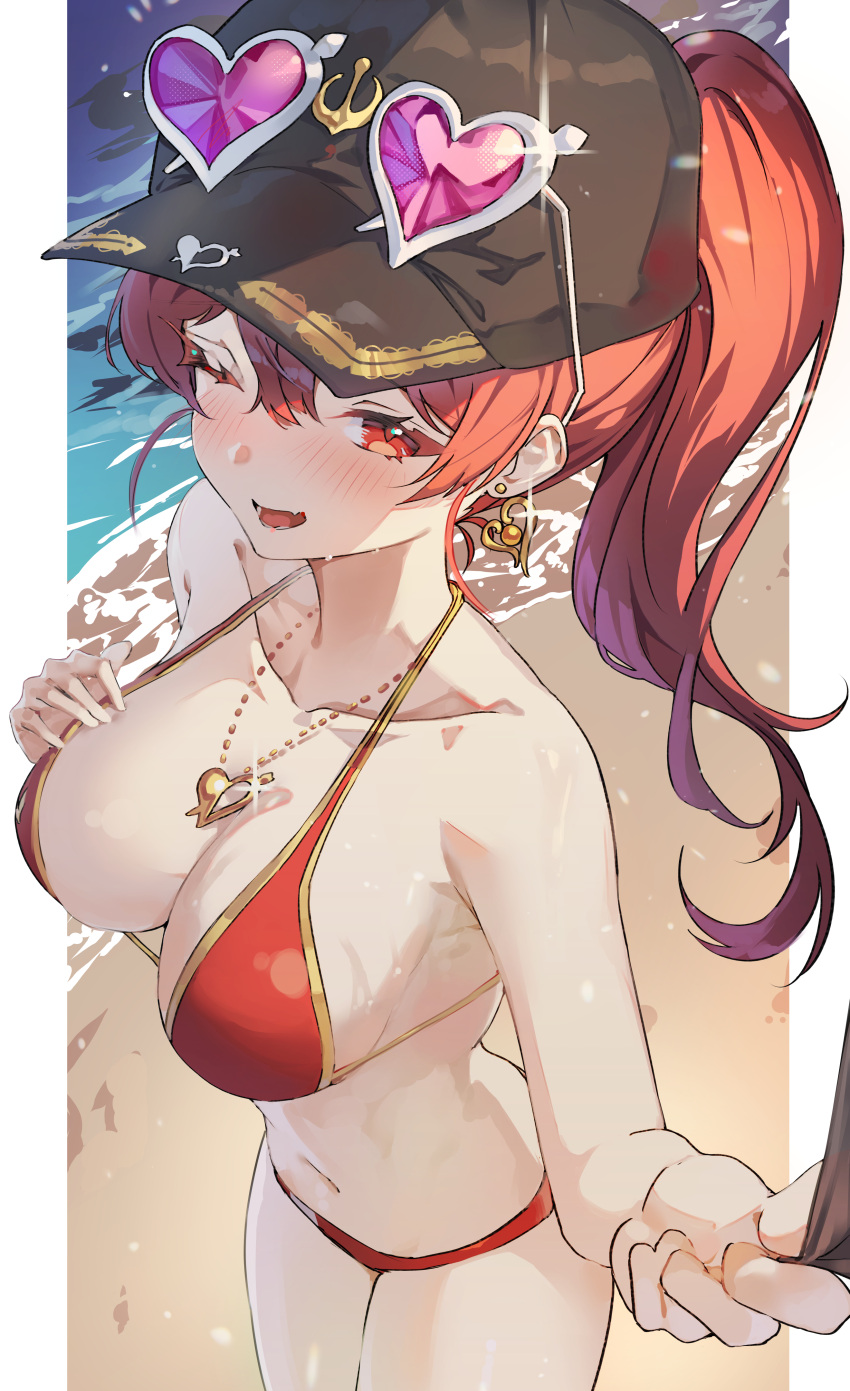 1girl absurdres baseball_cap beach bikini black_headwear blush breasts cleavage earrings eyewear_on_head gold_earrings gold_necklace hand_on_own_chest hat heart heart-shaped_eyewear heart_earrings heart_necklace highres hololive houshou_marine houshou_marine_(summer) jewelry large_breasts long_hair looking_at_viewer mont_blanca necklace official_alternate_costume one_eye_closed open_mouth ponytail red_bikini red_eyes red_hair sand single_earring smile sunglasses swimsuit virtual_youtuber water