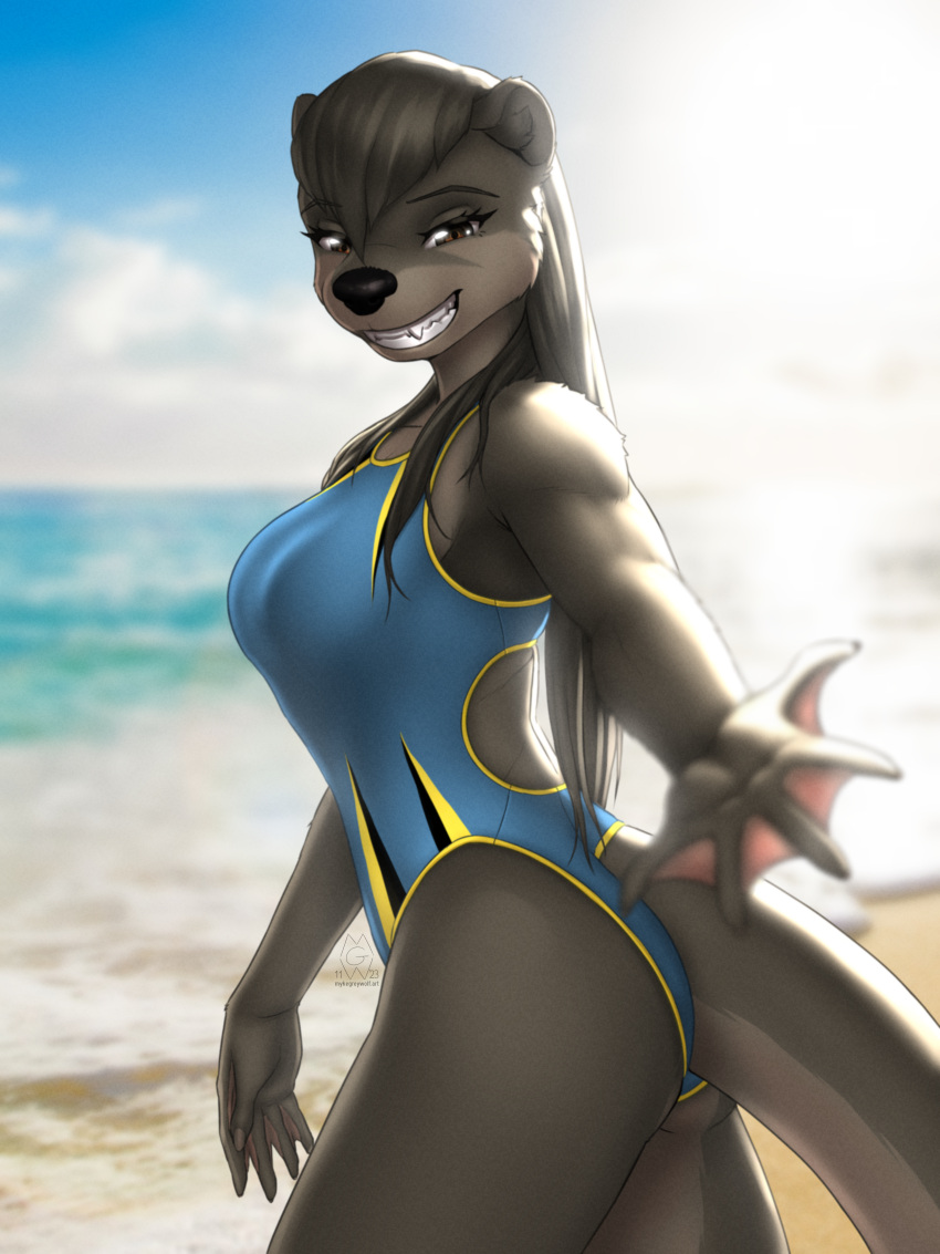 2023 3:4 5_fingers absurd_res anthro backless_clothing backless_swimsuit beach black_nose breasts brown_hair butt claws clothed clothing day digital_media_(artwork) female finger_claws fingers fur grey_body grey_fur grin hair hi_res long_hair mammal membrane_(anatomy) mustelid mykegreywolf nat_(mykegreywolf) one-piece_swimsuit otter outside sea seaside smile solo swimwear water webbed_hands