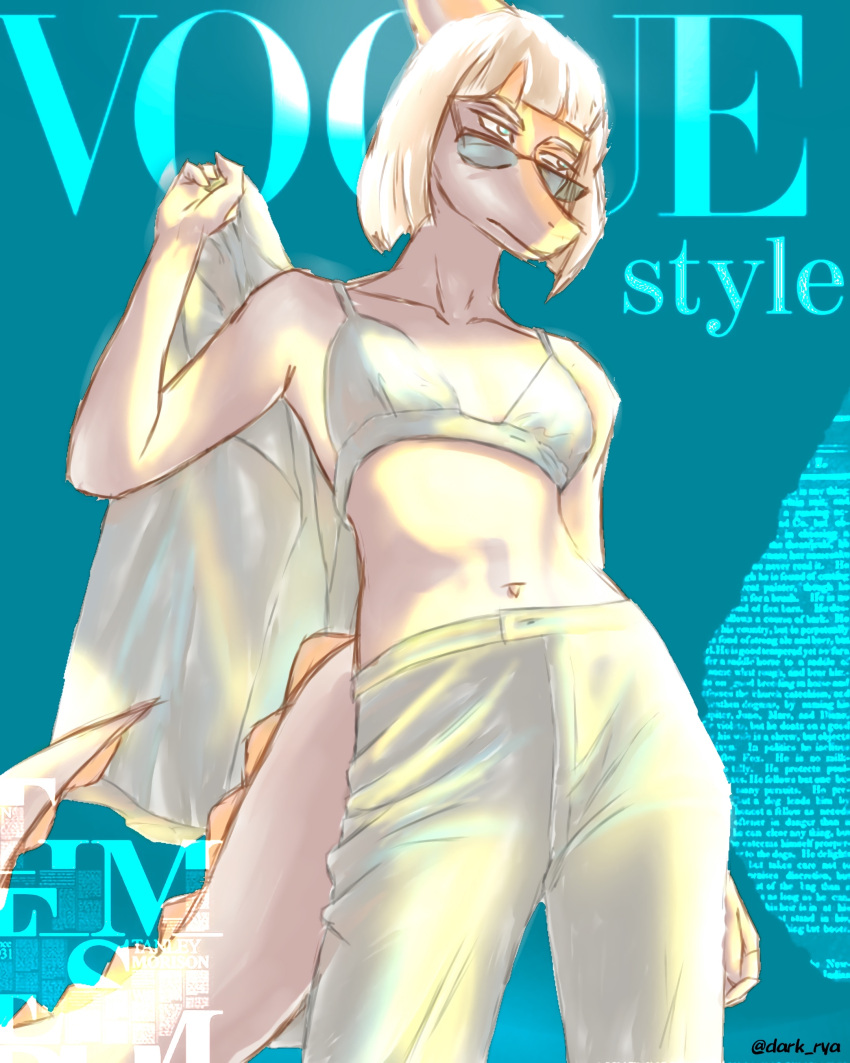 2023 absurd_res anthro bangs blonde_hair blue_background bone_frill bottomwear bra breasts clothing cover dark_rya dinosaur english_text eyewear female frill_(anatomy) glasses goodbye_volcano_high hadrosaurid hair hi_res holding_clothing holding_jacket holding_object holding_topwear jacket long_tail low-angle_view magazine_cover naomi_(gvh) navel orange_body ornithischian pants parasaurolophus pose reptile scalie shaded simple_background small_breasts snoot_game snout solo spiked_tail spikes spikes_(anatomy) tail text topwear underwear vogue_(magazine) white_body
