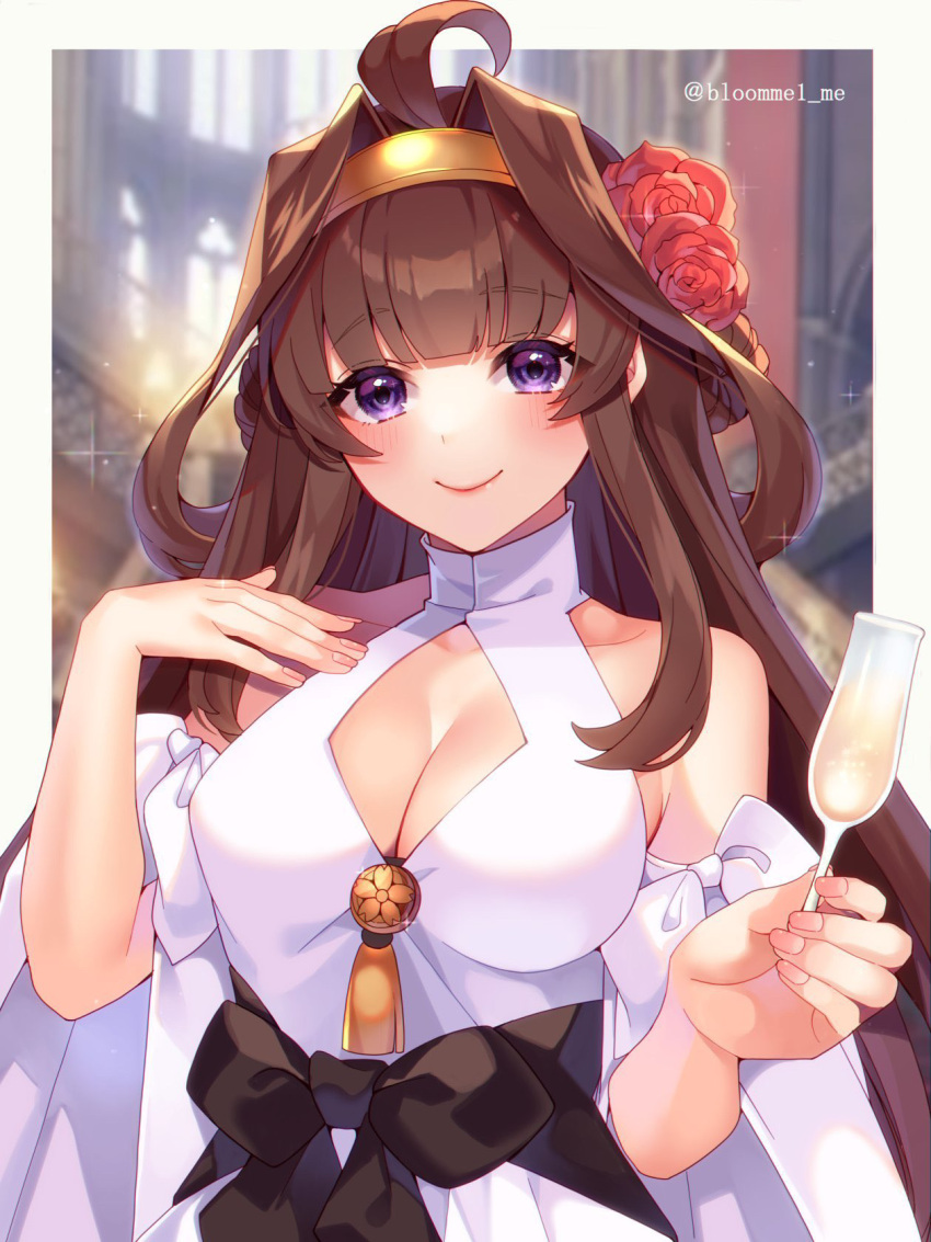 1girl ahoge breasts brown_hair champagne_flute cleavage_cutout clothing_cutout cup double_bun dress drinking_glass flower gold_hairband hair_bun hair_flower hair_ornament hairband highres kantai_collection kongou_(kancolle) kozu_(bloomme1_me) large_breasts long_hair official_alternate_costume purple_eyes simple_background smile solo upper_body white_background white_dress