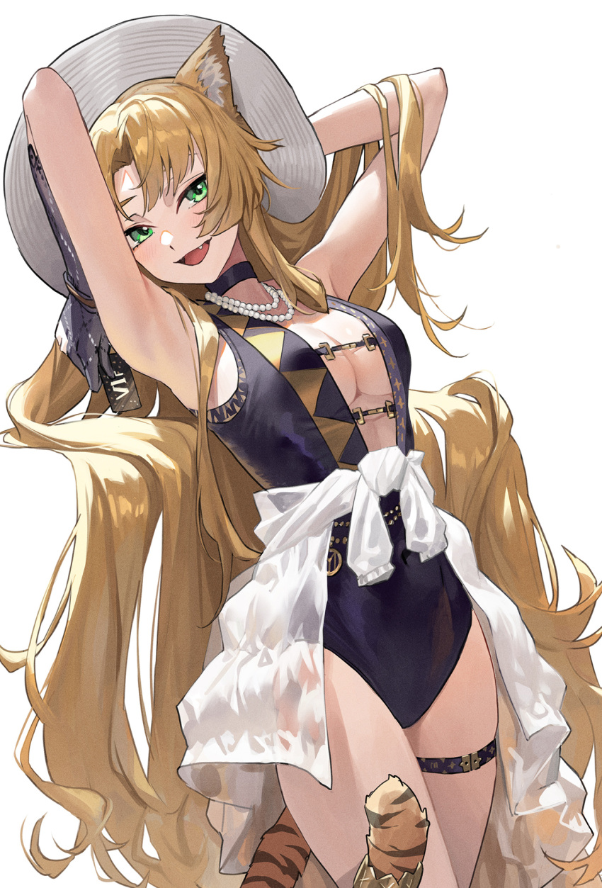 1girl animal_ear_fluff animal_ears arknights arms_behind_back black_one-piece_swimsuit blonde_hair bracelet breasts casual_one-piece_swimsuit center_opening cleavage commentary cowboy_shot elbow_gloves fang gloves green_eyes grey_gloves highres jewelry leaning_back long_hair looking_at_viewer medium_breasts necklace one-piece_swimsuit open_mouth pearl_necklace solo striped_tail swimsuit swire_(arknights) swire_the_elegant_wit_(arknights) tail tail_strap thigh_strap tiger_ears tiger_tail ttk_(kirinottk) very_long_hair white_hair