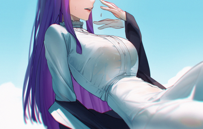 1girl absurdres arm_support black_coat breast_focus breasts close-up coat collar dress fanning_face fanning_self fern_(sousou_no_frieren) frilled_collar frills head_out_of_frame highres large_breasts long_hair long_sleeves lufi_ays open_mouth purple_hair see-through sidelocks sitting solo sousou_no_frieren straight_hair sweat sweaty_clothes wet wet_clothes wet_dress white_dress