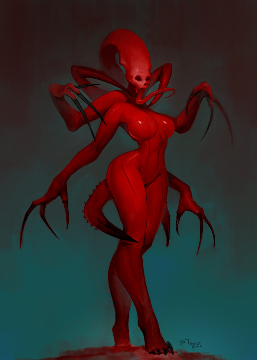 2023 3_fingers 4_arms 4_toes absurd_res artist_name back_spikes big_breasts big_claws biped black_claws breasts claws creepy curvy_figure demon demon_humanoid digitigrade empty_eye_sockets featureless_breasts featureless_crotch feet female finger_claws fingers front_view full-length_portrait gradient_background green_background hi_res hourglass_figure humanoid monotone_body monotone_skin multi_arm multi_limb navel not_furry nude portrait pose raised_arm red_body red_skin red_tongue shaded sharp_claws simple_background small_waist solo spiked_tail spikes spikes_(anatomy) standing tail thick_thighs toe_claws toes tongue towerpractice weapon_tail wide_hips