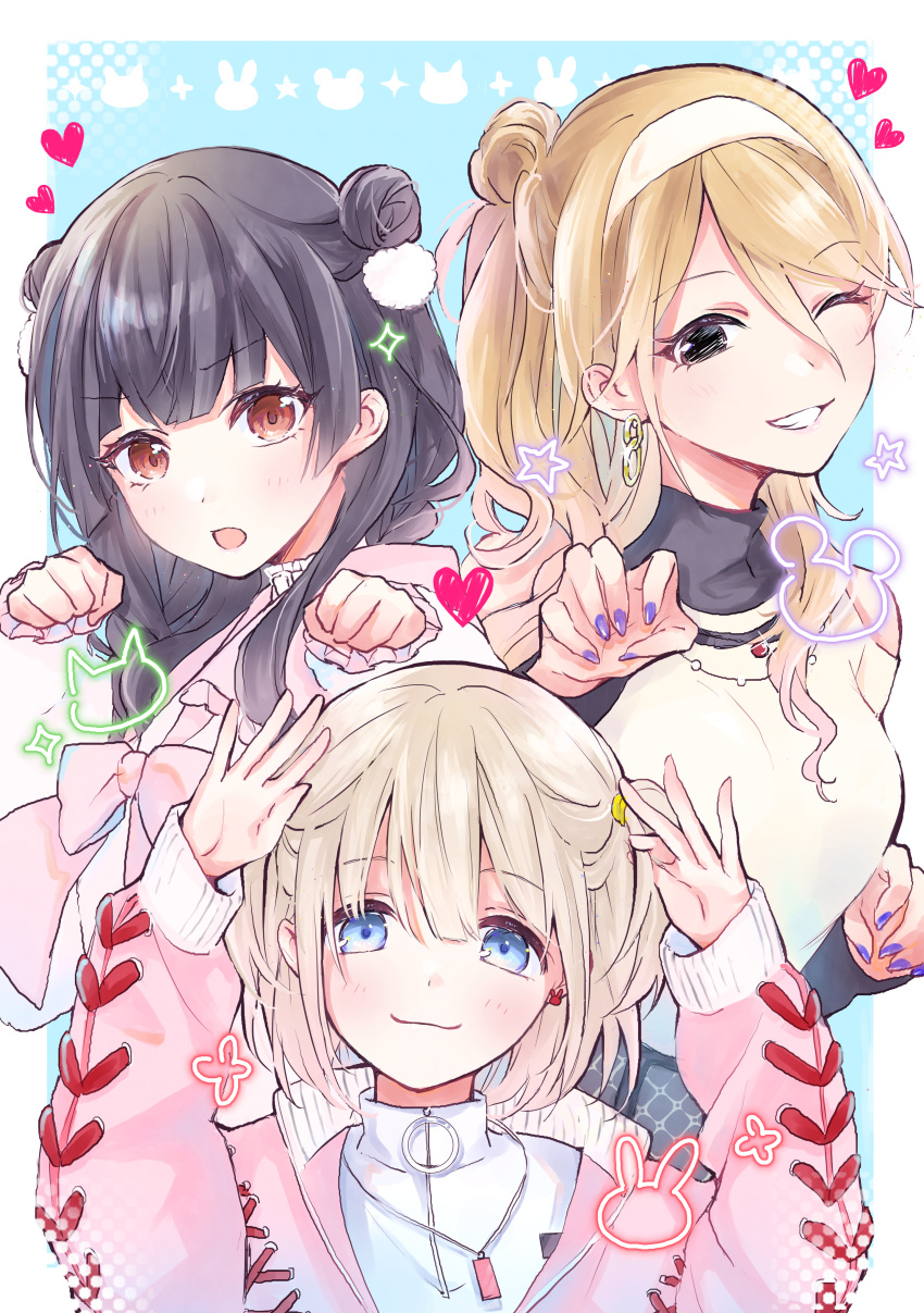 3girls ;d absurdres black_hair blush brown_hair clenched_hands clothing_cutout double_bun fingernails grey_hair grin hair_bun heart highres idolmaster idolmaster_shiny_colors izumi_mei kuru_(krkr8686) looking_at_viewer mayuzumi_fuyuko multiple_girls nail_polish one_eye_closed paw_pose pom_pom_(clothes) rabbit_pose serizawa_asahi shoulder_cutout single_side_bun smile sparkle star_(symbol) straylight_(idolmaster) two_side_up