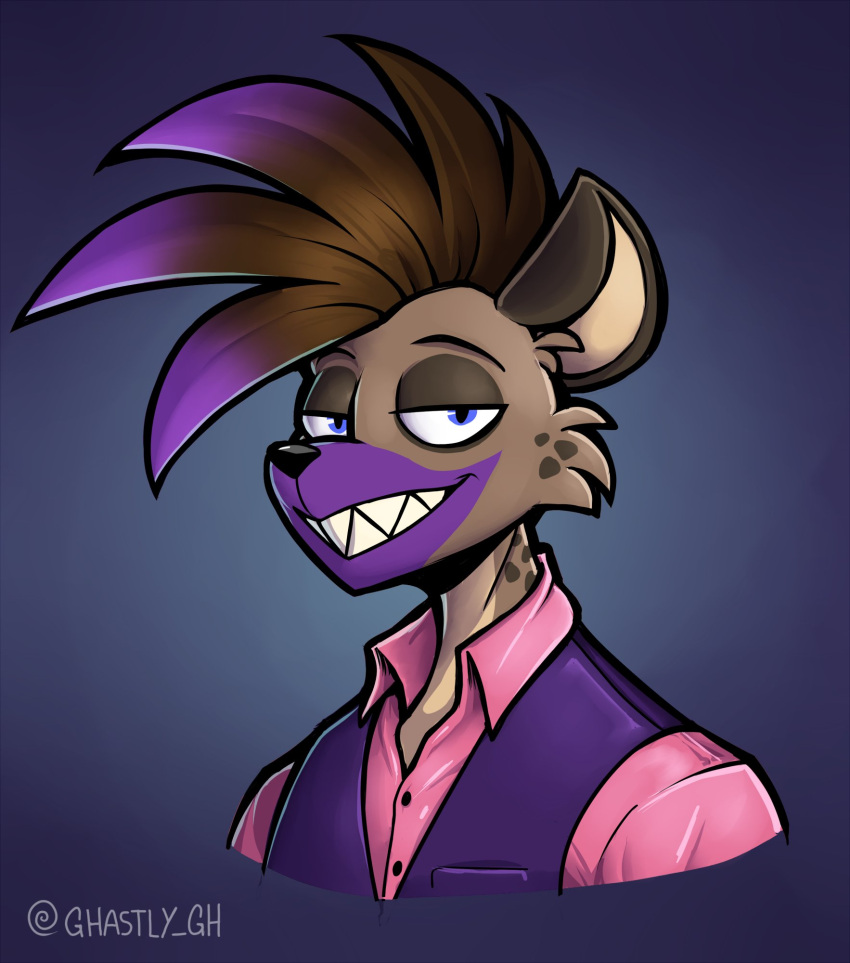 anthro brown_body brown_fur brown_hair brown_spots cheek_tuft clothing dress_shirt facial_tuft fur ghastlygh hair half-closed_eyes headshot_portrait hi_res highlights_(coloring) hyena jay_(g-h-) male mammal markings mohawk narrowed_eyes portrait purple_background purple_highlights purple_markings sharp_teeth shirt simple_background smile smirk smug smug_face smug_grin solo spots spotted_body spotted_fur spotted_hyena teeth topwear tuft vest