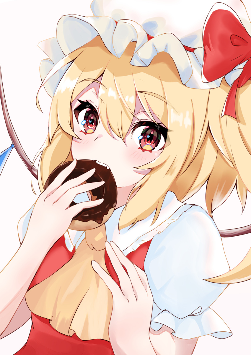 1girl absurdres ascot blonde_hair bloom blush bow breasts commentary_request crystal double-parted_bangs eating eyes_visible_through_hair fang flandre_scarlet frilled_shirt_collar frills hair_between_eyes hands_up hat hat_bow highres holding_doughnut looking_at_viewer medium_hair mob_cap one_side_up otsu_oki_yuhi puffy_short_sleeves puffy_sleeves red_bow red_eyes red_vest short_sleeves simple_background small_breasts solo touhou upper_body vest white_background wings yellow_ascot