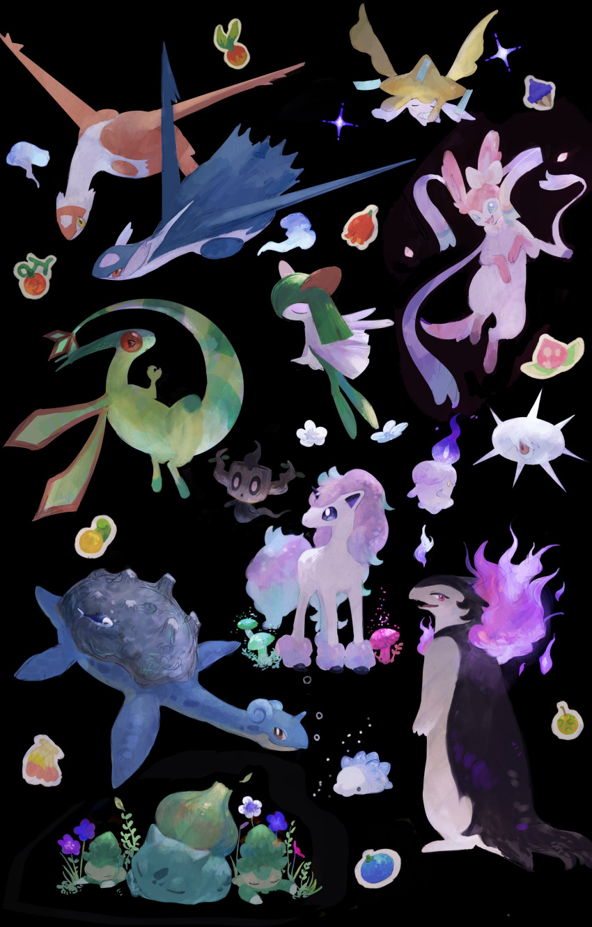 absurdres berry_(pokemon) black_background bright_pupils bulbasaur closed_eyes commentary_request fire flower flygon fomantis galarian_ponyta highres hisuian_typhlosion jirachi kirlia lapras latias latios litwick lying mushroom no_humans phantump pokemon pokemon_(creature) purple_fire red_eyes silcoon sleeping snom sylveon white_pupils yellow_eyes yomotsu00