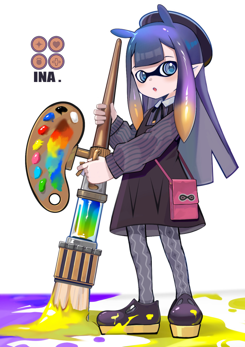 beret black_dress black_footwear black_headwear dress hat highres hololive inkling ninomae_ina'nis ninomae_ina'nis_(2nd_costume) paint paintbrush pinafore_dress sleeveless sleeveless_dress splatoon_(series) tentacle_hair white_background yoshikawa_hiro