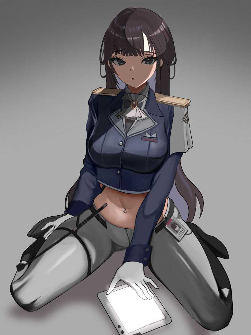 1girl ascot black_footwear black_hair black_jacket blunt_bangs boots breasts brown_eyes commentary cropped_jacket epaulettes full_body gloves goddess_of_victory:_nikke highres id_card jacket knee_boots large_breasts long_hair long_sleeves looking_at_viewer marciana_(nikke) midriff military_jacket military_uniform name_tag navel navel_piercing pants parted_lips piercing rokuba shadow sidelocks simple_background sitting solo tablet_pc tight_clothes tight_pants uniform wariza white_ascot white_gloves white_pants