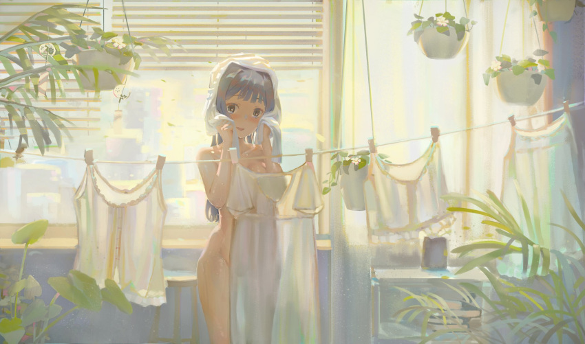 1girl black_hair blue_eyes blush breasts clothes_pin clothesline completely_nude cowboy_shot da_tengzi drying drying_hair groin highres idolmaster idolmaster_million_live! laundry long_hair looking_at_viewer mogami_shizuka nude plant potted_plant see-through see-through_silhouette solo towel wet wet_hair wide_shot