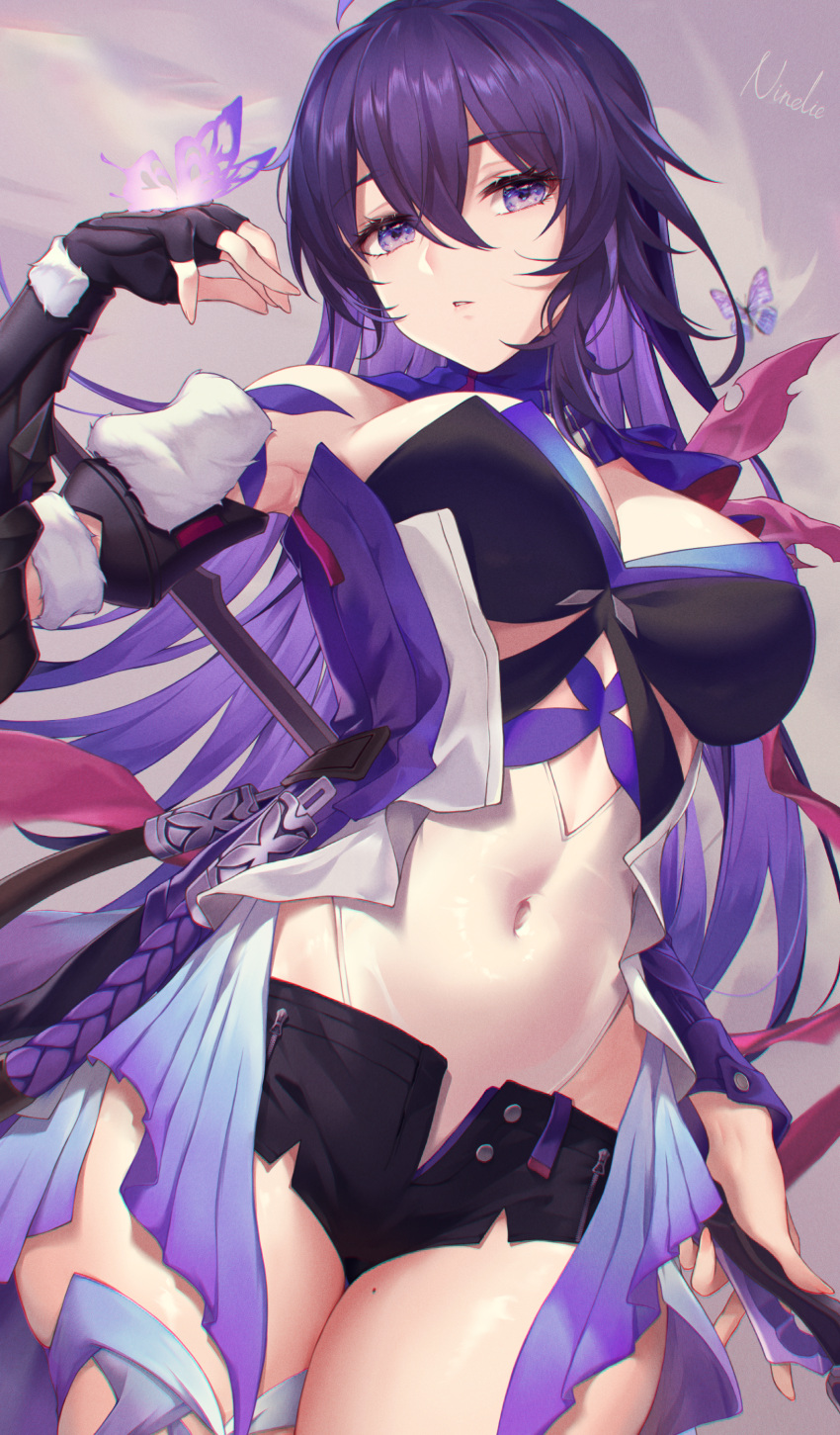 1girl absurdres ahoge alternate_breast_size armpits bare_shoulders blue_scarf blush bodysuit breasts bug butterfly colored_inner_hair covered_navel cowboy_shot groin highleg highleg_leotard highres holding holding_scythe holding_weapon honkai:_star_rail honkai_(series) large_breasts leotard leotard_under_clothes looking_at_viewer multicolored_hair ninelie purple_butterfly purple_eyes purple_hair purple_scarf scarf scythe see-through seele_(honkai:_star_rail) short_shorts shorts skin_tight solo thighs weapon