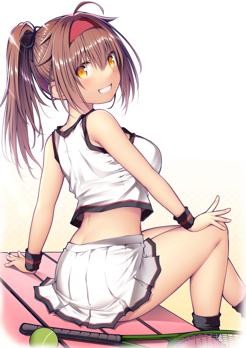 1girl absurdres arm_support ball black_ribbon blush breasts brown_hair feet_out_of_frame grin hair_between_eyes hair_ribbon hairband highres kantai_collection kuromayu large_breasts long_hair looking_at_viewer pleated_skirt ponytail racket red_hairband ribbon shiratsuyu_(kancolle) shiratsuyu_kai_ni_(kancolle) sitting skirt smile solo sportswear tennis_ball tennis_racket tennis_uniform white_skirt wrist_cuffs yellow_eyes