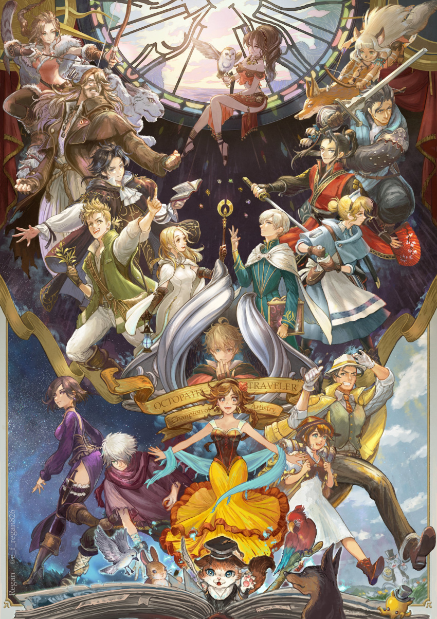 6+boys 6+girls absurdres agnea_bristarni alfyn_greengrass ashlan_(octopath_traveler) book bow_(weapon) castti_florenz copyright_name cyrus_albright everyone h'aanit_(octopath_traveler) hat highres hikari_ku looking_at_viewer multiple_boys multiple_girls ochette_(octopath_traveler) octopath_traveler octopath_traveler:_champions_of_the_continent octopath_traveler_i octopath_traveler_ii olberic_eisenberg ophilia_clement osvald_v._vanstein partitio_yellowil primrose_azelhart regan_(hatsumi) smile staff stained_glass sword temenos_mistral therion_(octopath_traveler) throne_anguis tressa_colzione weapon