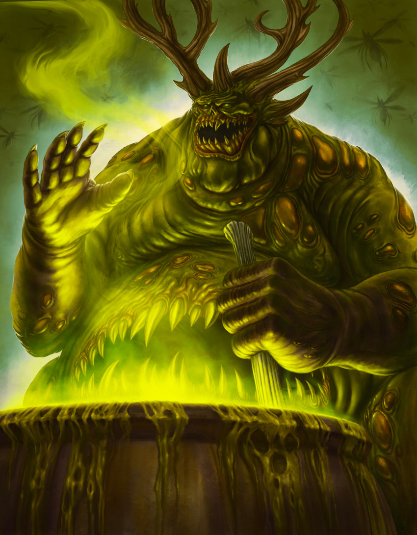 1boy absurdres bloated bmurphy body_horror bug cauldron chaos_(warhammer) chemicals chemistry colored_skin commentary corruption demon english_commentary extra_mouth fly fume great_unclean_one green_eyes green_skin green_theme heresy highres holding holding_spoon horns ku-gath liquid mixing multiple_horns mutation open_mouth overflowing rotting sharp_teeth smile solo spilling spoon swarm teeth warhammer_40k