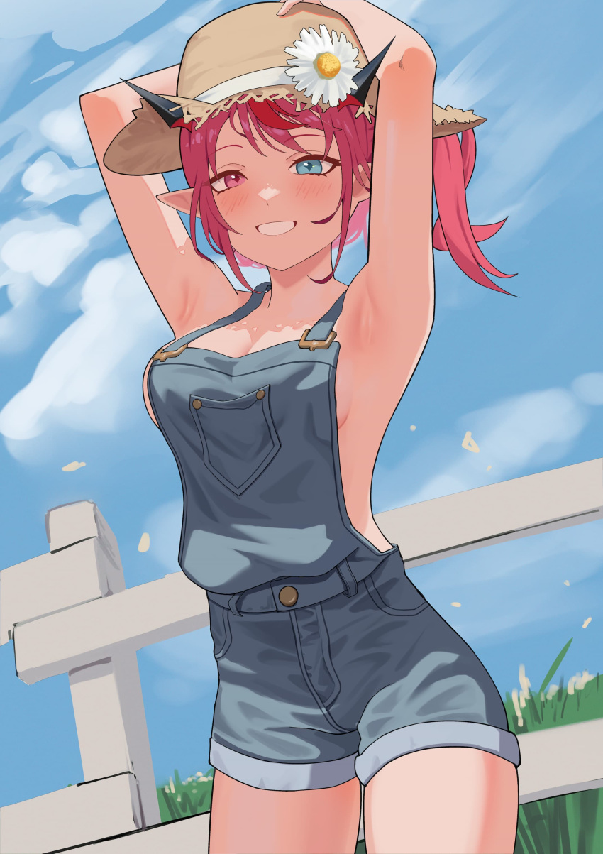 1girl absurdres armpit_crease armpits arms_behind_head arms_up blue_eyes blue_overalls blush breasts cleavage cloud cloudy_sky demon_horns fence flower grass hat highres hololive hololive_english horns irys_(hololive) large_breasts long_hair multicolored_hair naked_overalls overalls pink_hair pointy_ears ponytail purple_hair red_hair shift_(shiftillust) sideboob sky smile solo sun_hat sunflower teeth thighs