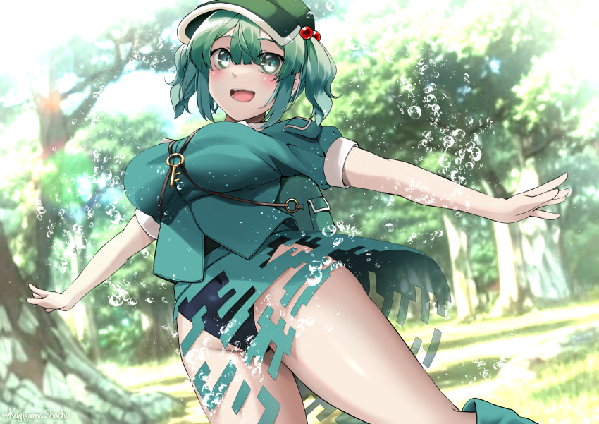 1girl :d aqua_footwear aqua_shirt aqua_skirt backpack bag black_one-piece_swimsuit blue_eyes blue_hair blush boots breasts commentary_request covered_navel feet_out_of_frame flat_cap green_headwear hair_bobbles hair_ornament hat highres jewelry kagiyama_shachou kawashiro_nitori key key_necklace large_breasts looking_at_viewer medium_hair necklace one-piece_swimsuit open_mouth shirt short_sleeves sidelocks skirt smile solo swimsuit swimsuit_under_clothes touhou tree two_side_up water