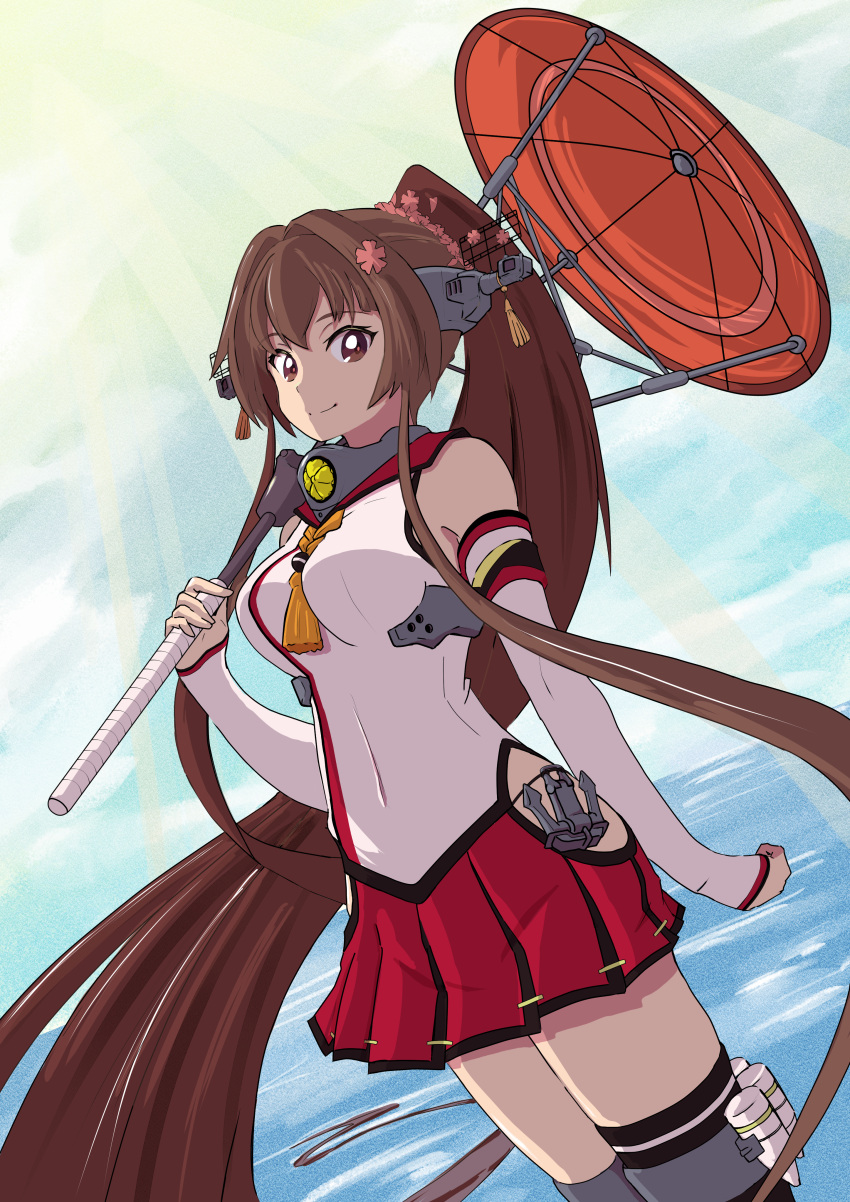 1girl absurdres anchor_ornament blue_sky brown_eyes brown_hair cherry_blossoms cloud detached_sleeves dutch_angle flower grey_thighhighs hair_flower hair_ornament headgear highres horizon kantai_collection long_hair looking_at_viewer ocean oil-paper_umbrella pleated_skirt ponytail red_skirt red_umbrella sakuramon sanche_(3che3) sidelocks skirt sky smile solo thighhighs turret umbrella very_long_hair yamato_(kancolle)
