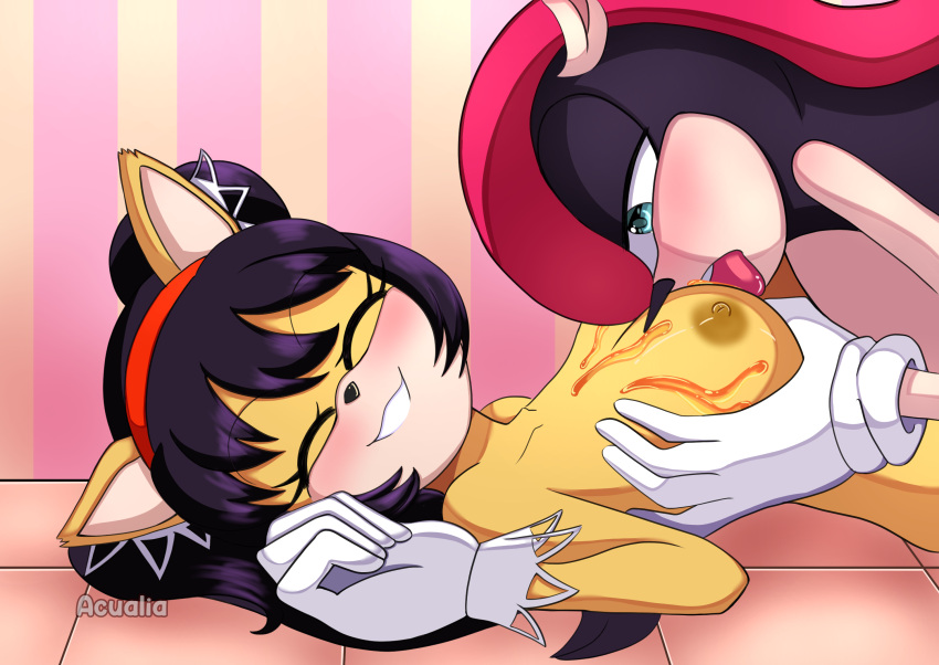 acualia anthro armadillo big_breasts black_hair blush breast_lick breast_play breasts clothing domestic_cat duo felid feline felis female food fur gloves hair handwear hi_res honey_(food) honey_the_cat huge_breasts licking male male/female mammal mighty_the_armadillo nipples nude on_the_floor sega smile sonic_the_fighters sonic_the_hedgehog_(series) tongue tongue_out xenarthran yellow_body yellow_fur