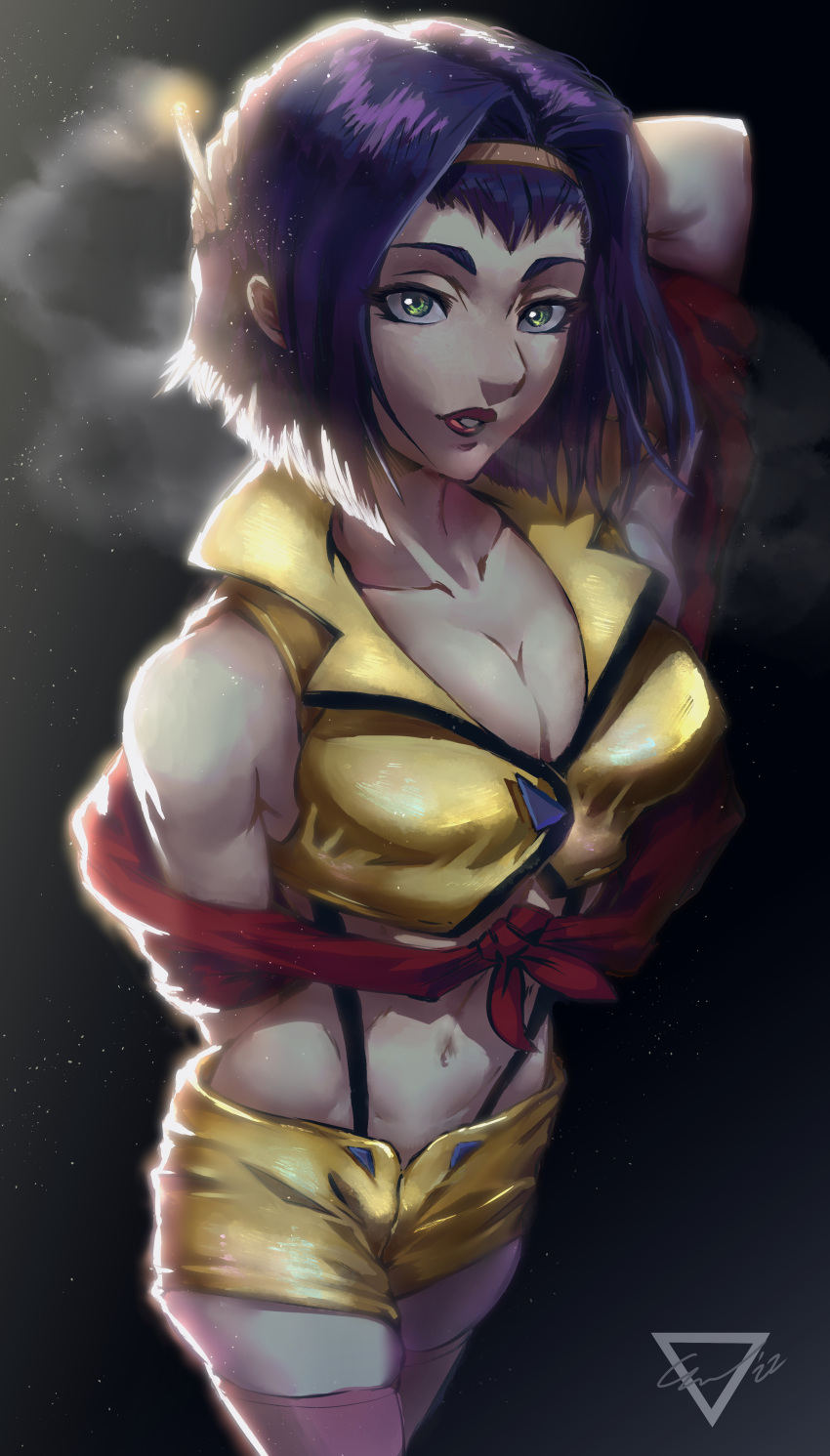 1girl absurdres arm_behind_back arm_behind_head bob_cut breasts cigarette cleavage cowboy_bebop cowboy_shot ethan_wylie faye_valentine foreshortening from_above green_eyes hairband highres holding holding_cigarette large_breasts parted_bangs perspective purple_hair short_hair smoke solo yellow_hairband