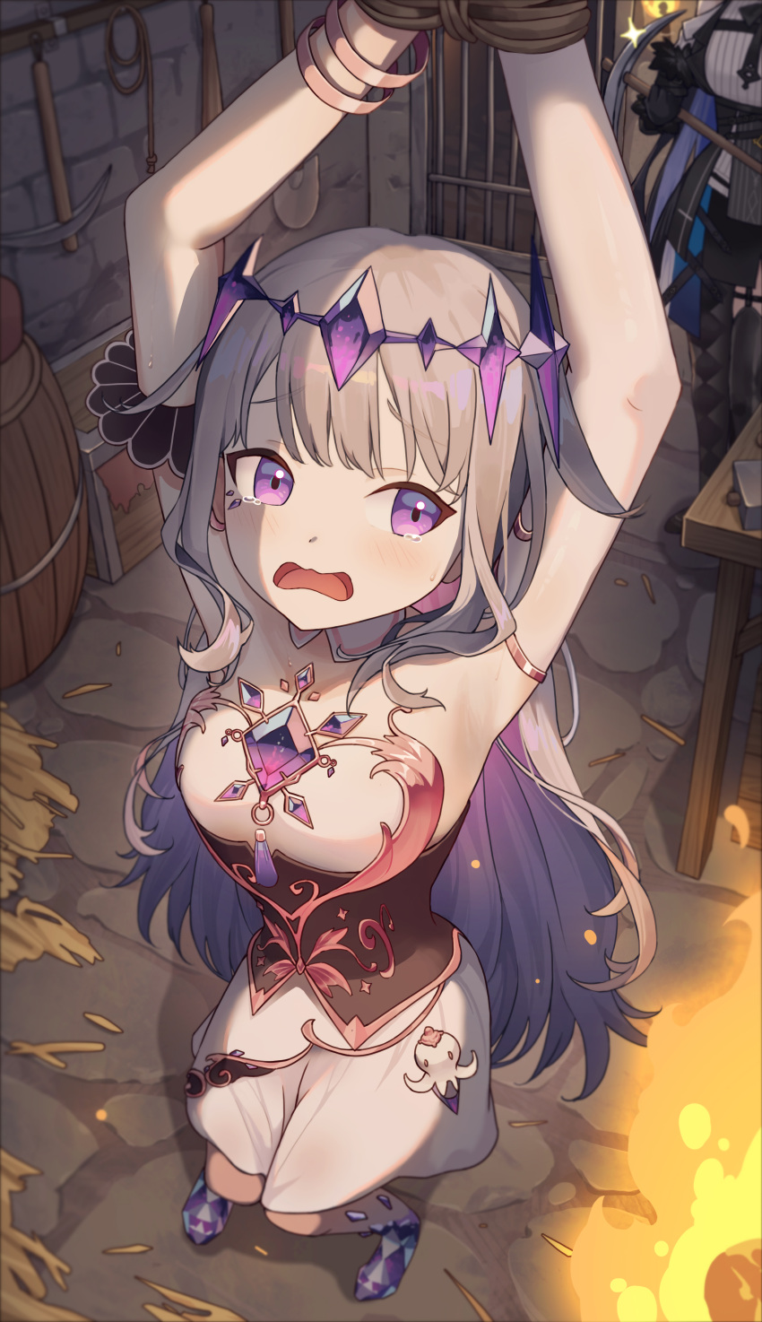 2girls absurdres armpits arms_up barrel black_gloves bound bracelet chest_jewel dress gloves grey_hair highres hololive hololive_english jewelry koseki_bijou long_hair multiple_girls nerissa_ravencroft orenji_(user_fknw7775) pickaxe prison_cell purple_eyes restrained rope shovel strapless strapless_dress straw_(stalk) table tearing_up tied_up_(nonsexual) torch virtual_youtuber wavy_mouth white_dress