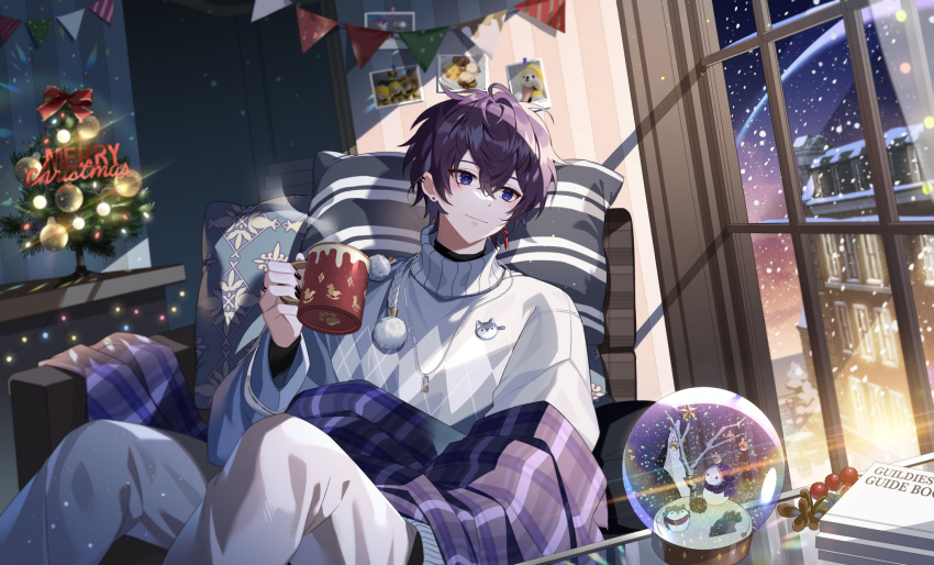 1boy 3000x4500 black_nails cup earrings highres holding holding_cup indie_virtual_youtuber jewelry long_sleeves looking_to_the_side male_focus merry_christmas pillow pom_pom_(clothes) purple_eyes purple_hair short_hair shoto_(vtuber) single_earring sitting snow_globe sweater virtual_youtuber white_sweater