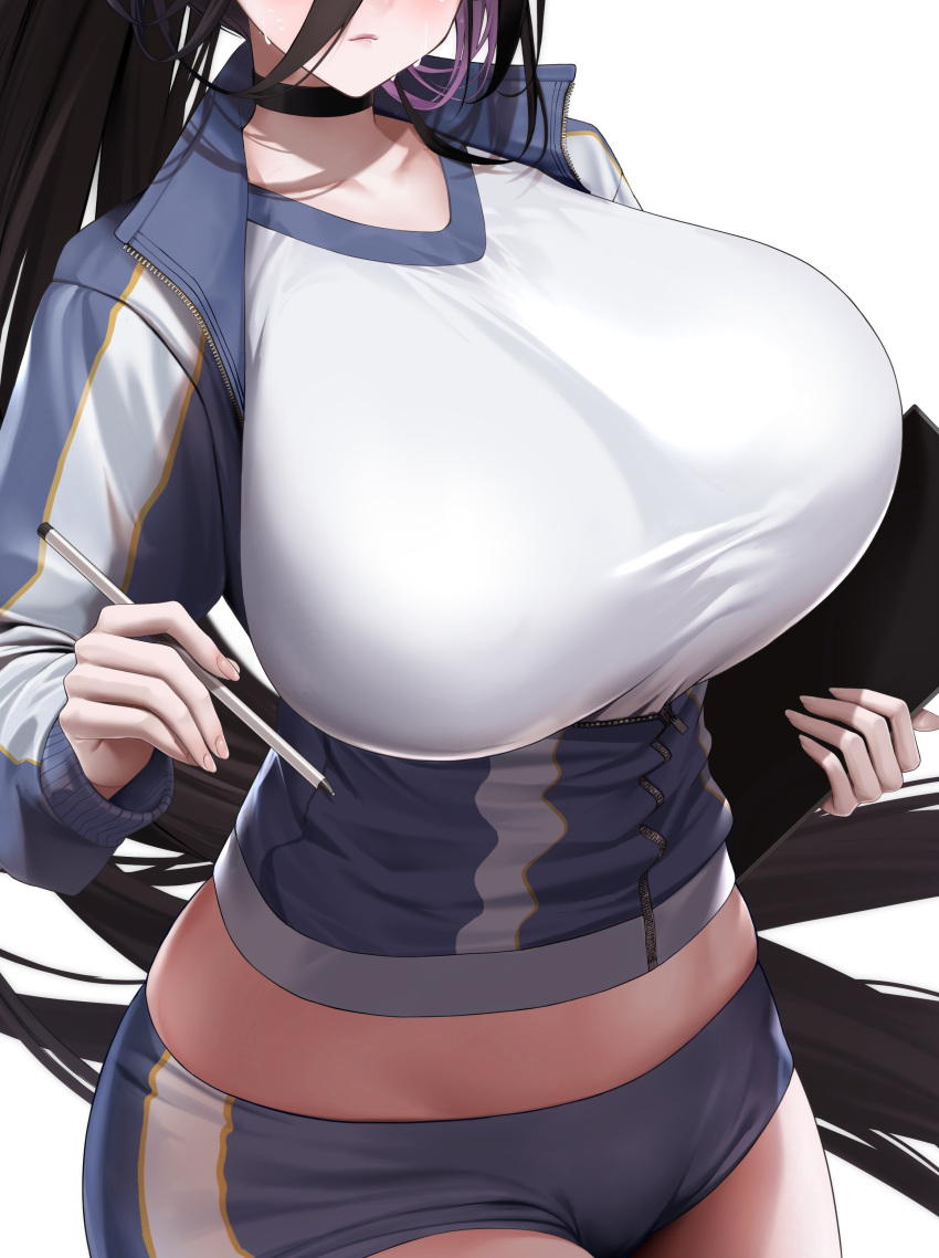 1girl absurdres black_choker black_hair blue_archive blue_shorts blush breasts choker close-up collarbone cropped gym_shirt gym_uniform hasumi_(blue_archive) hasumi_(track)_(blue_archive) head_out_of_frame highres holding holding_pen huge_breasts jacket kos-owl long_bangs long_hair long_sleeves midriff official_alternate_costume partially_unzipped pen shirt short_shorts shorts simple_background solo sweat track_jacket very_long_hair white_background zipper_pull_tab