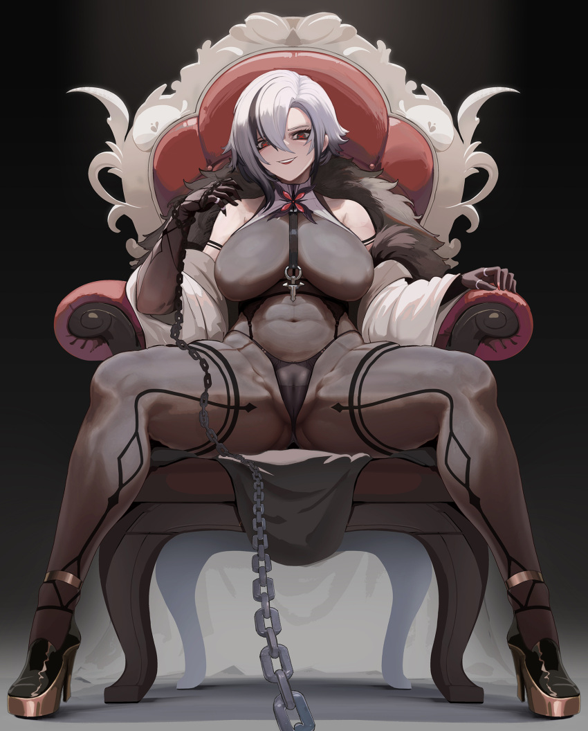 1girl arlecchino_(genshin_impact) ass_visible_through_thighs bare_shoulders between_breasts black_eyes black_footwear black_hair black_panties bodysuit breasts cameltoe chain chain_leash claw_ring colored_shoe_soles commentary covered_abs covered_navel english_commentary full_body fur_collar genshin_impact gold_footwear grey_bodysuit grey_hair halterneck highres holding holding_chain impossible_bodysuit impossible_clothes kinohara_kossuta large_breasts leash multicolored_hair panties panties_over_bodysuit platform_footwear platform_heels pov print_bodysuit sagging_breasts short_hair sitting solo spread_legs streaked_hair throne underwear wide_sleeves x_x