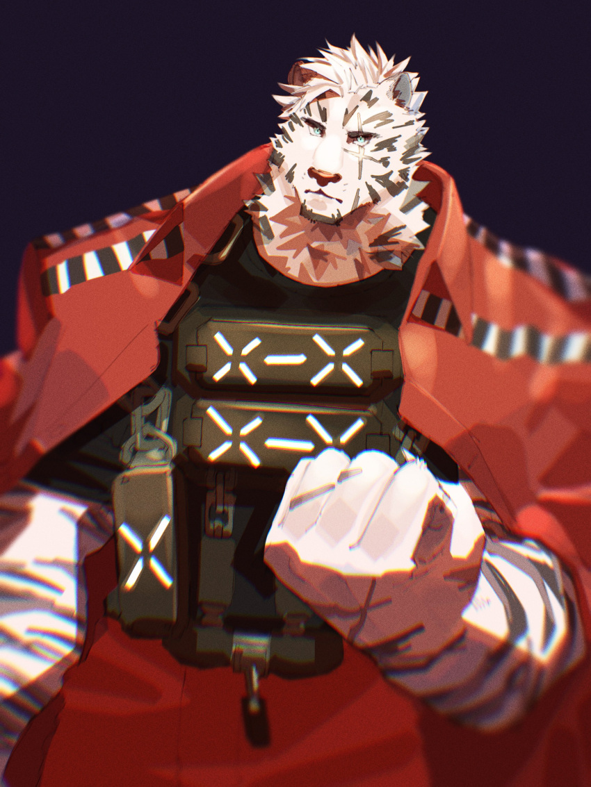 1boy absurdres animal_ears arknights bara cowboy_shot facial_hair furry furry_male goatee hands_up highres jacket jacket_on_shoulders large_hands looking_at_viewer male_focus mountain_(arknights) muscular muscular_male official_alternate_costume prisoner pu94_d1de4c scar scar_across_eye scar_on_arm short_hair solo thick_eyebrows tiger_boy tiger_ears white_hair