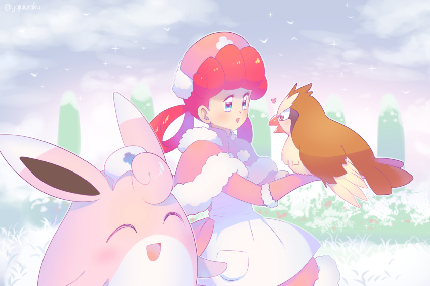 1girl :d apron bird blue_eyes capelet commentary_request day dress eyelashes fur-trimmed_capelet fur_trim hair_rings hat heart holding holding_pokemon joy_(pokemon) long_hair nurse nurse_cap open_mouth outdoors pidgey pink_capelet pink_dress pokemon pokemon_(anime) pokemon_(creature) smile white_apron white_headwear wigglytuff yajuuraku