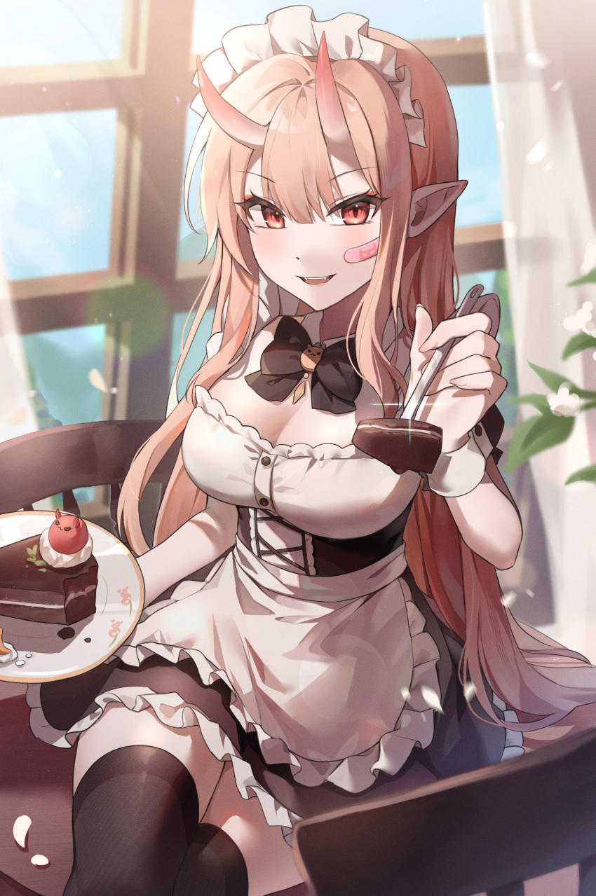 1girl :3 apron bandaid bandaid_on_cheek bandaid_on_face black_bow black_bowtie black_thighhighs bow bowtie breasts cake cake_slice chair chocolate_cake corset crossed_legs curtains demon_girl fangs food fork frilled_apron frills hair_between_eyes highres holding holding_plate horns incoming_food large_breasts long_hair looking_at_viewer maid maid_headdress mingo0011 oni_horns original parted_lips petals pink_hair plate puffy_short_sleeves puffy_sleeves red_eyes short_sleeves sitting sitting_on_table skin-covered_horns smile solo table thighhighs very_long_hair waist_apron white_apron window zettai_ryouiki