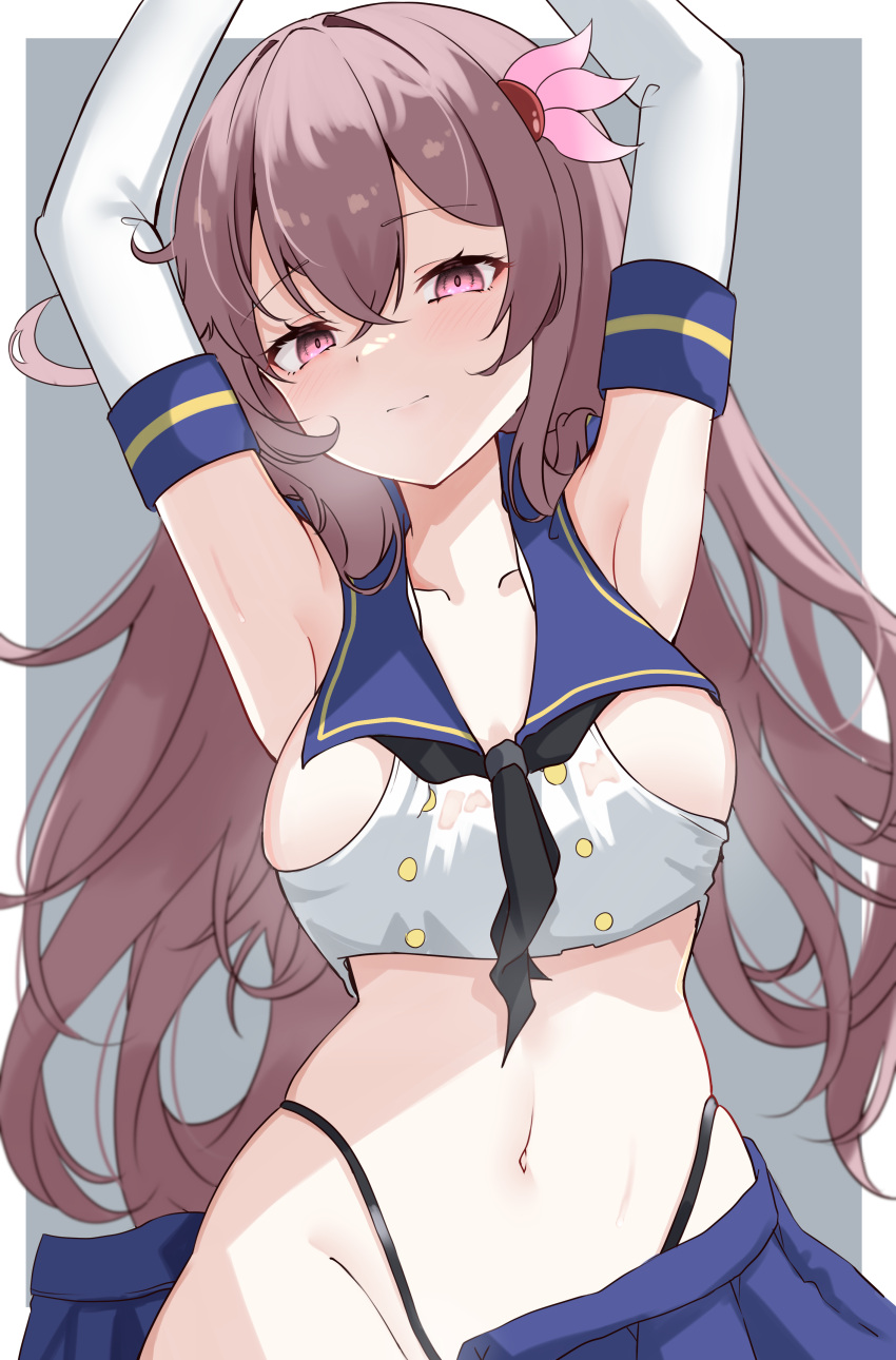 1girl absurdres armpits arms_up black_neckerchief black_panties blue_sailor_collar blue_skirt blush border calin closed_mouth collarbone crop_top elbow_gloves gloves groin hair_between_eyes hair_ornament highleg highleg_panties highres kantai_collection kisaragi_(kancolle) long_hair looking_at_viewer navel neckerchief panties purple_eyes purple_hair sailor_collar school_uniform serafuku shimakaze_(kancolle) skirt sleeveless solo underwear upper_body white_border