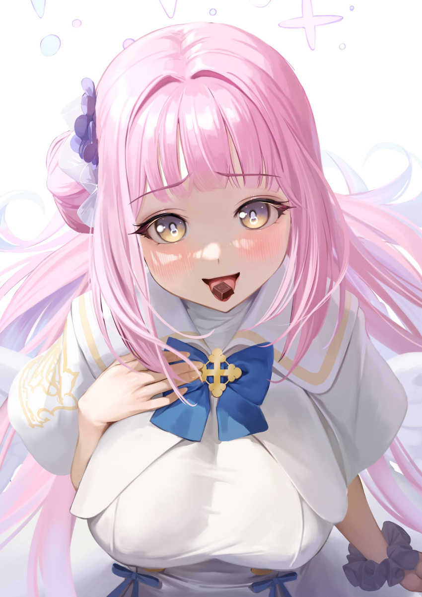 1girl absurdres blue_archive blush breasts candy capelet chocolate dress flower food hair_bun hair_flower hair_ornament highres large_breasts long_hair looking_at_viewer mika_(blue_archive) open_mouth pink_hair scrunchie shien_(tatunokoshien00) single_side_bun solo tongue tongue_out upper_body white_capelet white_dress wrist_scrunchie yellow_eyes