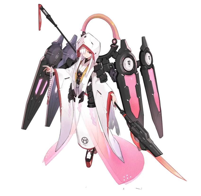 1girl artery_gear artery_gear:_fusion artist_request beads hair_over_one_eye highres holding holding_polearm holding_weapon japanese_clothes kagura_(artery_gear) kimono long_hair long_sleeves mecha_musume official_art pink_eyes pink_hair polearm prayer_beads sidelocks third-party_source transparent_background uchikake very_long_hair weapon