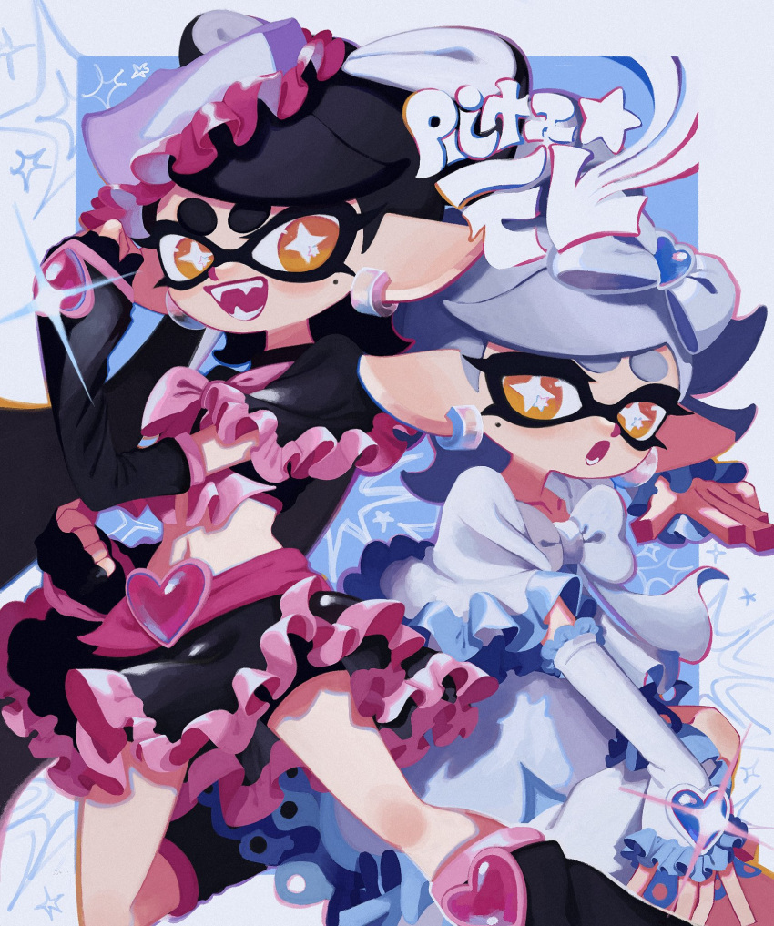 +_+ 2girls arm_warmers belt bike_shorts black_arm_warmers black_hair black_leg_warmers blue_trim bow bow-shaped_hair bowtie callie_(splatoon) clenched_hands collarbone cosplay cousins cure_black cure_black_(cosplay) cure_black_pose cure_white cure_white_(cosplay) cure_white_pose detached_sleeves dress earrings fangs fingerless_gloves food food_on_head frills futari_wa_precure gloves grey_hair hair_bow heart_belt highres jewelry ka1_(k4k37) leg_warmers long_hair looking_at_viewer marie_(splatoon) midriff mole mole_under_eye multiple_girls object_on_head open_mouth orange_eyes parted_lips pink_belt pink_bow pink_trim pointy_ears pose_imitation precure short_hair smile sparkle splatoon_(series) sushi tentacle_hair thick_eyebrows white_bow white_dress