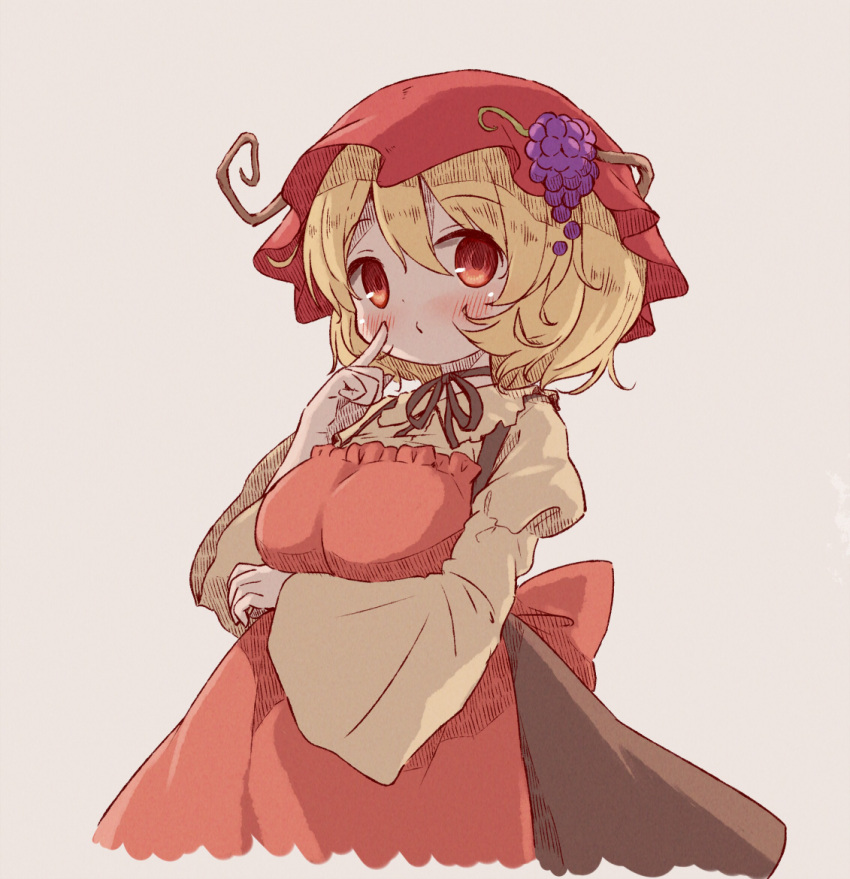 1girl aki_minoriko apron arinu black_skirt blonde_hair blush breasts fruit_hat_ornament grape_hat_ornament hair_between_eyes hat hat_ornament large_breasts long_sleeves mob_cap red_apron red_eyes red_headwear shirt short_hair skirt solo touhou upper_body wide_sleeves yellow_shirt