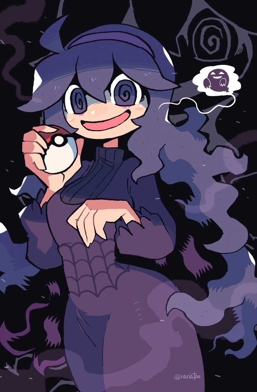 1girl @_@ absurdres ahoge alternate_breast_size arm_under_breasts black_background black_hair blush breasts dress hair_between_eyes hairband hands_up hex_maniac_(pokemon) highres long_hair long_sleeves looking_at_viewer messy_hair open_mouth poke_ball poke_ball_(basic) pokemon pokemon_(game) pokemon_xy purple_hairband rariatto_(ganguri) signature simple_background smile solo standing surprised tongue turtleneck