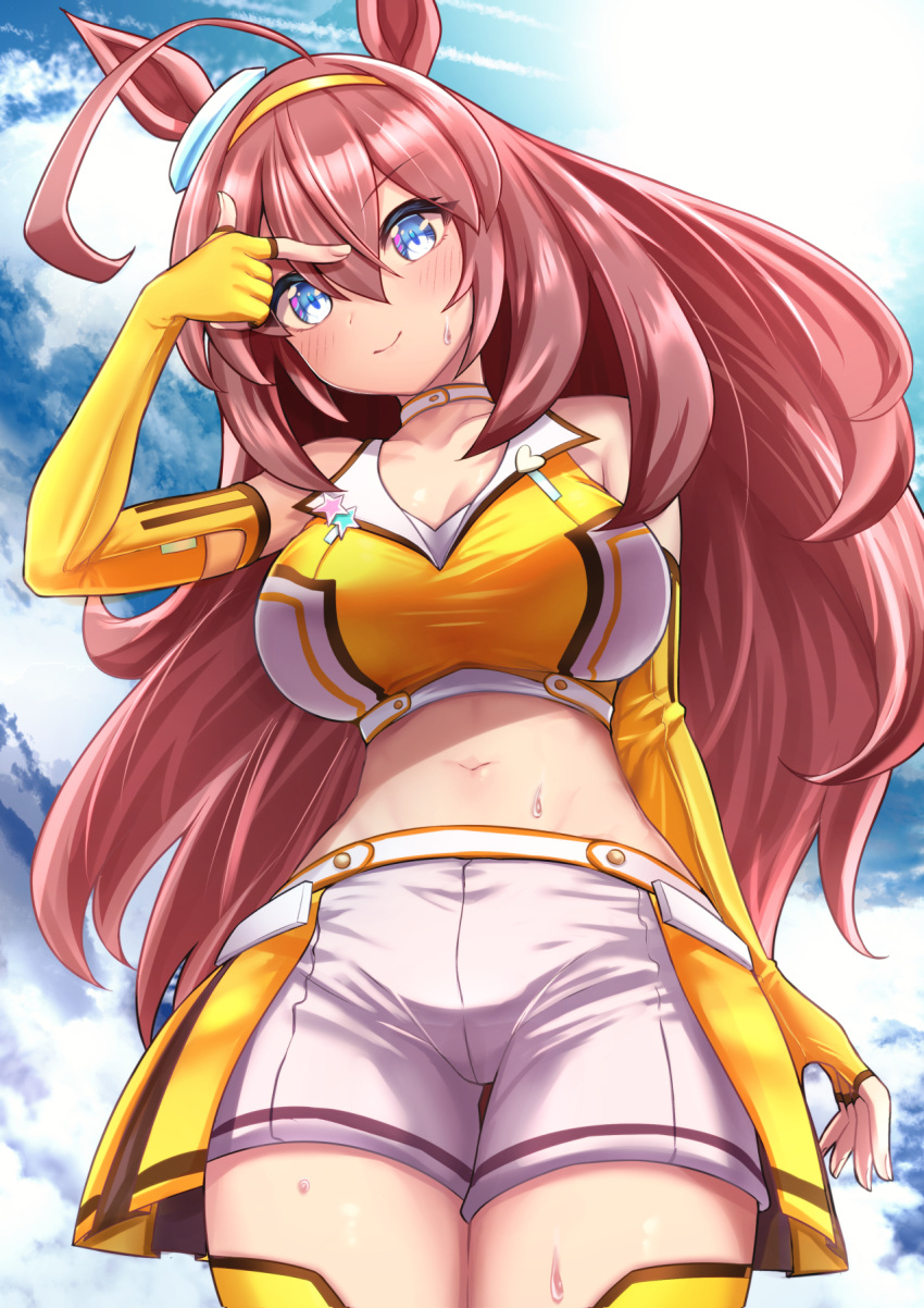1girl ahoge animal_ears arm_at_side bare_shoulders blue_eyes blush breasts brown_hair choker cleavage closed_mouth cloud cowboy_shot crop_top elbow_gloves fingerless_gloves gloves hairband hand_up highres horse_ears large_breasts long_hair looking_at_viewer midriff mihono_bourbon_(mission_mental_nutrition)_(umamusume) mihono_bourbon_(umamusume) navel outdoors pointing pointing_at_self shirt shorts sleeveless sleeveless_shirt smile solo sweat teaclaw thighhighs umamusume white_shorts yellow_gloves yellow_thighhighs