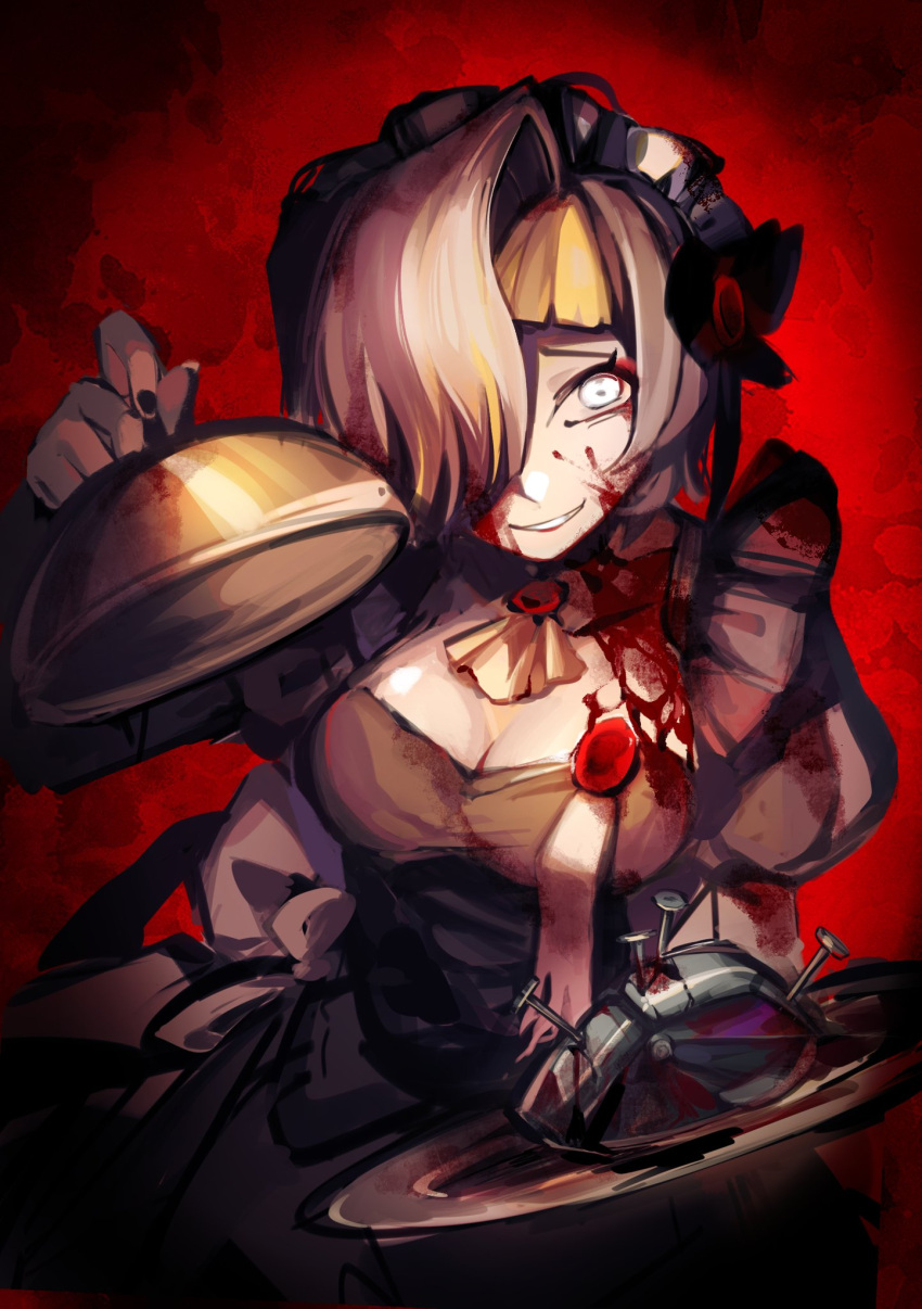 black_dress black_nails blonde_hair blood blood_on_clothes blood_on_face breasts cleavage dress highres holding holding_plate juliet_sleeves kromer_(limbus_company) large_breasts limbus_company long_sleeves looking_at_viewer maid maid_headdress multicolored_hair nail parted_lips plate project_moon puffy_sleeves red_background serving_dome short_hair smile streaked_hair wax_seal white_eyes white_hair ziv_(ziw1004)