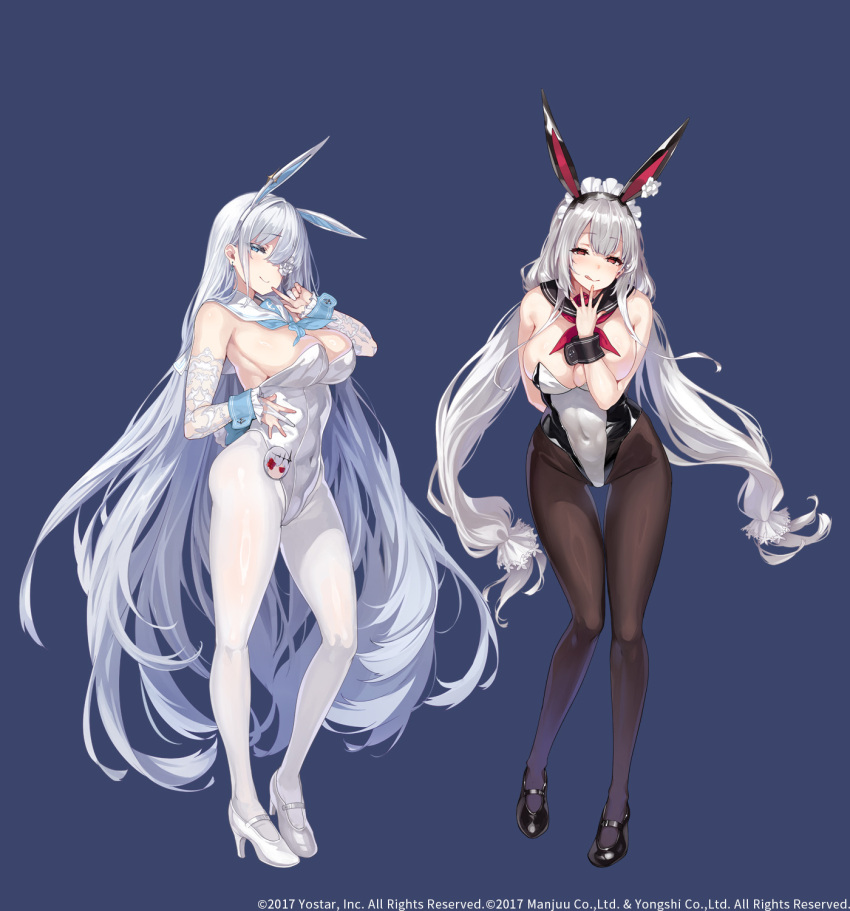 2girls animal_ears azur_lane black_footwear black_leotard black_pantyhose black_sailor_collar blue_background blue_eyes blue_neckerchief breasts cleavage covered_navel emden_(azur_lane) fake_animal_ears flower flower_over_eye full_body grey_hair highres large_breasts leotard licking_lips long_hair looking_at_viewer maid maid_headdress multiple_girls neckerchief official_art pantyhose playboy_bunny rabbit_ears red_eyes red_neckerchief sailor_collar scylla_(azur_lane) shiokonbu simple_background tongue tongue_out two-tone_leotard very_long_hair white_footwear white_hair white_leotard white_pantyhose white_sailor_collar wrist_cuffs