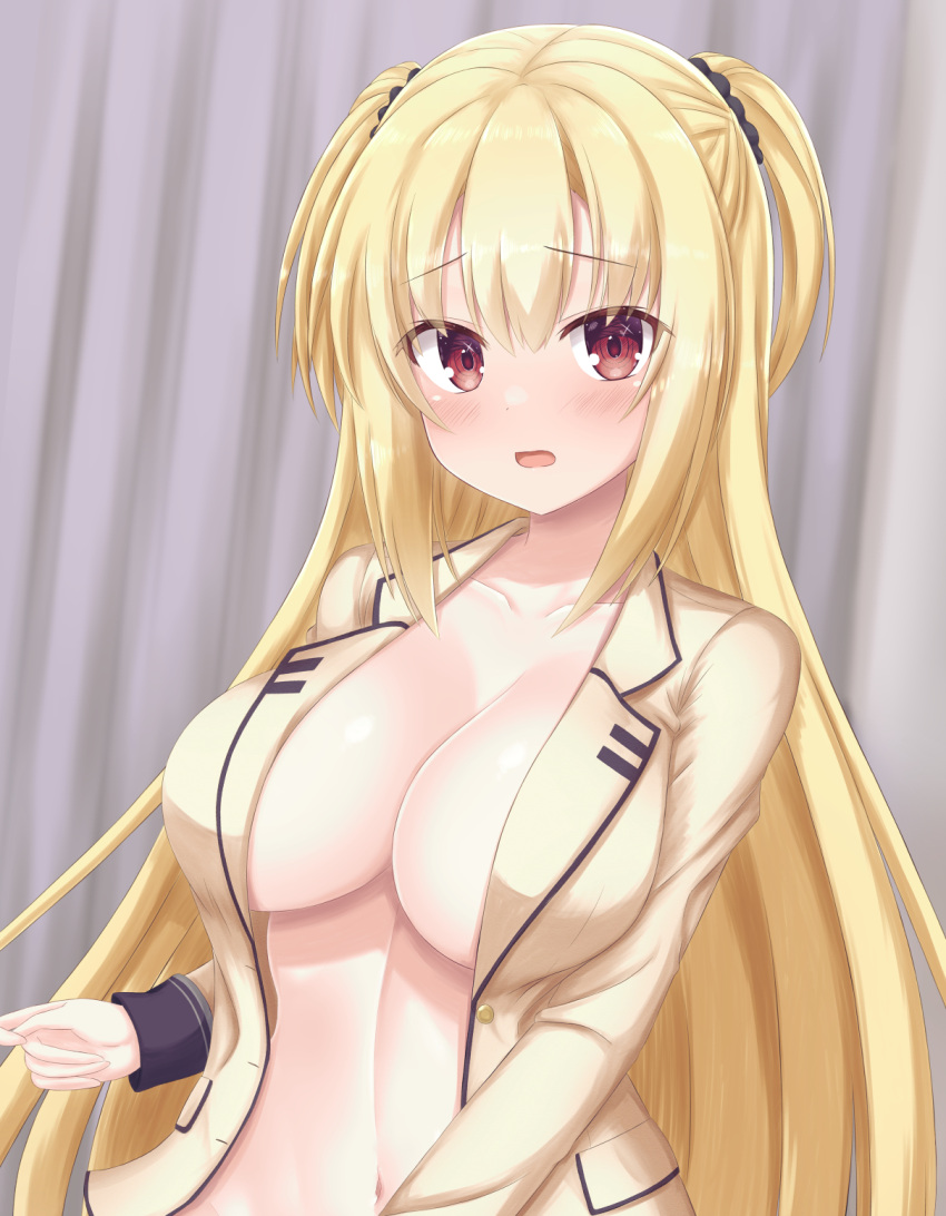 1girl arihara_nanami black_scrunchie blonde_hair blush breasts cleavage commentary curtains double-parted_bangs embarrassed eyelashes eyes_visible_through_hair frown hair_between_eyes hair_ornament hair_scrunchie highres jacket large_breasts long_hair long_sleeves looking_at_viewer midriff navel no_bra open_mouth red_eyes riddle_joker school_uniform scrunchie solo sparkling_eyes two_side_up very_long_hair yellow_jacket yuunagi_(yunagi1373)