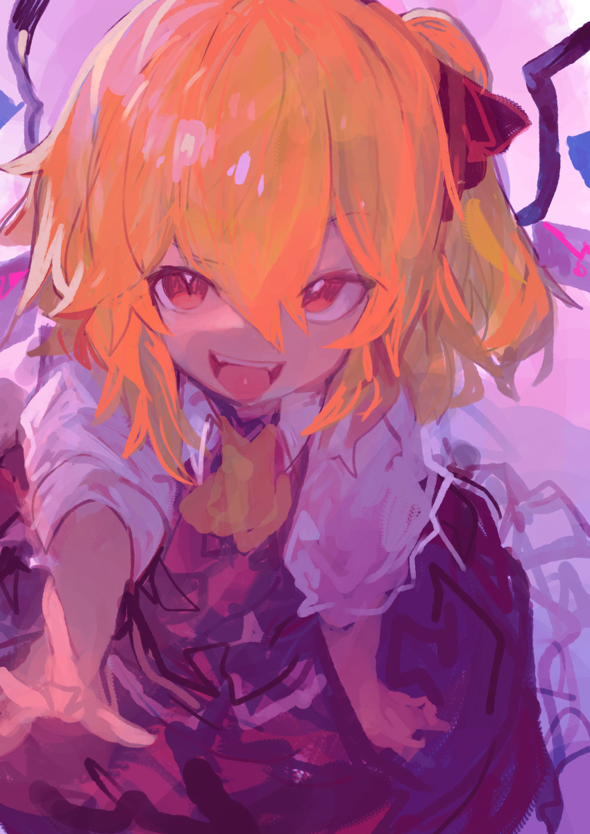 1girl :d absurdres ascot blonde_hair dress flandre_scarlet hair_between_eyes hair_ribbon highres kaamin_(mariarose753) looking_at_viewer one_side_up open_mouth puffy_short_sleeves puffy_sleeves purple_theme red_eyes ribbon short_sleeves sketch smile solo teeth touhou upper_teeth_only wings yellow_ascot