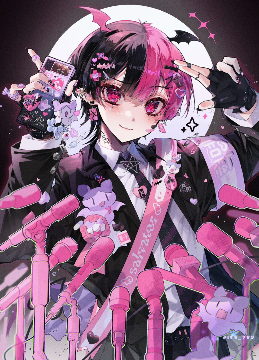 1boy androgynous bat_(animal) black_gloves black_hair black_jacket black_necktie closed_mouth collared_shirt ear_piercing earrings eita_789 eyla_(eita_789) fingerless_gloves gloves head_wings highres holding holding_phone jacket jewelry long_sleeves looking_at_viewer male_focus microphone mini_wings multicolored_hair necktie original phone piercing pink_eyes pink_hair pointy_ears ring shirt short_hair smile solo split-color_hair white_shirt wings