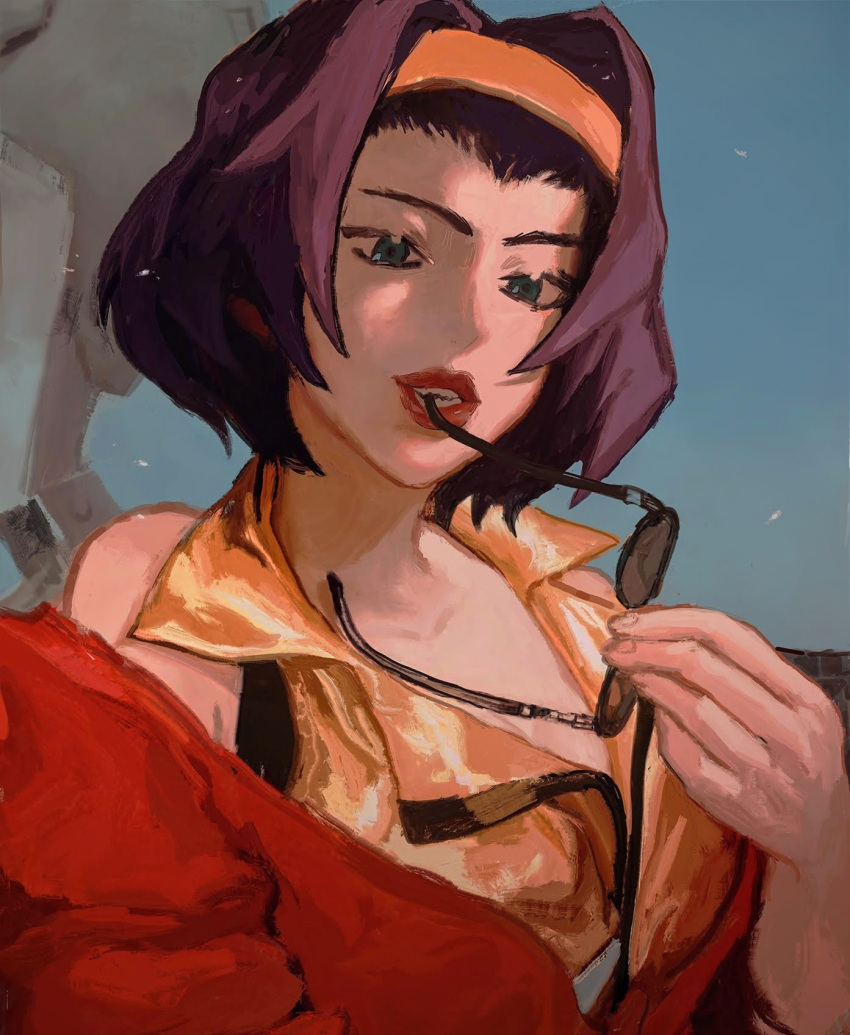 1girl biting blue_background breasts cowboy_bebop faye_valentine fingernails hairband highres lipstick makeup portrait purple_hair sapgoon short_hair solo sunglasses teeth upper_body yellow_hairband