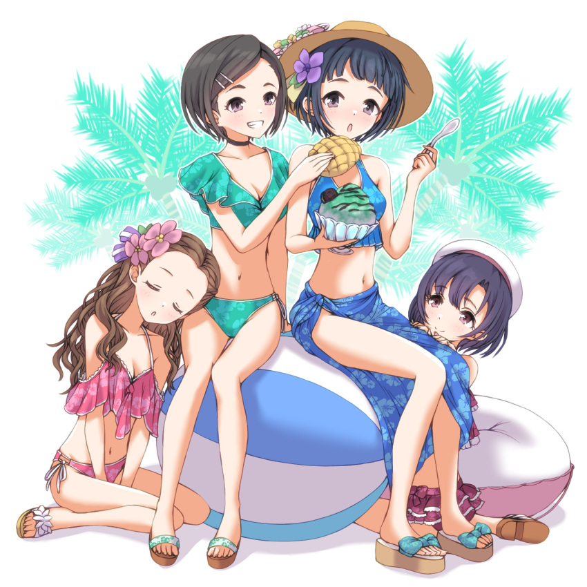 4girls ball bare_legs beachball beret bikini black_hair blue_bikini blue_sarong blush bowl bread breasts brown_hair cleavage closed_eyes feeding flower food forehead full_body girls_be_next_step_(idolmaster) green_bikini grin hair_flower hair_ornament hat haua head_rest highres holding holding_bowl holding_spoon idolmaster idolmaster_cinderella_girls innertube kneeling looking_at_another matsuo_chizuru melon_bread multiple_girls navel okazaki_yasuha palm_tree pink_bikini red_bikini sandals sarong seki_hiromi shaved_ice shiragiku_hotaru sitting small_breasts smile spoon stomach straw_hat swimsuit syrup tree