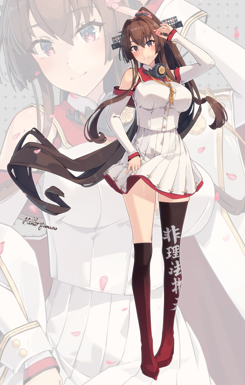 1girl absurdres breasts brown_eyes brown_hair cherry_blossoms commentary_request flower full_body grey_background hair_between_eyes hair_flower hair_ornament headgear highres himeyamato kantai_collection large_breasts long_hair multiple_views pleated_skirt ponytail sidelocks skirt very_long_hair white_skirt yamato_(kancolle) yamato_kai_ni_(kancolle) zoom_layer