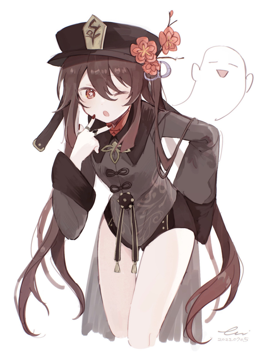 1girl ;o absurdres bare_legs black_headwear black_shorts boo_tao_(genshin_impact) brown_hair coat commentary_request cropped_legs dated figmnts flower flower-shaped_pupils genshin_impact ghost grey_coat hair_between_eyes hand_on_own_face hat hat_flower highres hu_tao_(genshin_impact) long_hair long_sleeves looking_at_viewer one_eye_closed orange_eyes red_flower red_nails shorts signature simple_background solo symbol-shaped_pupils twintails white_background