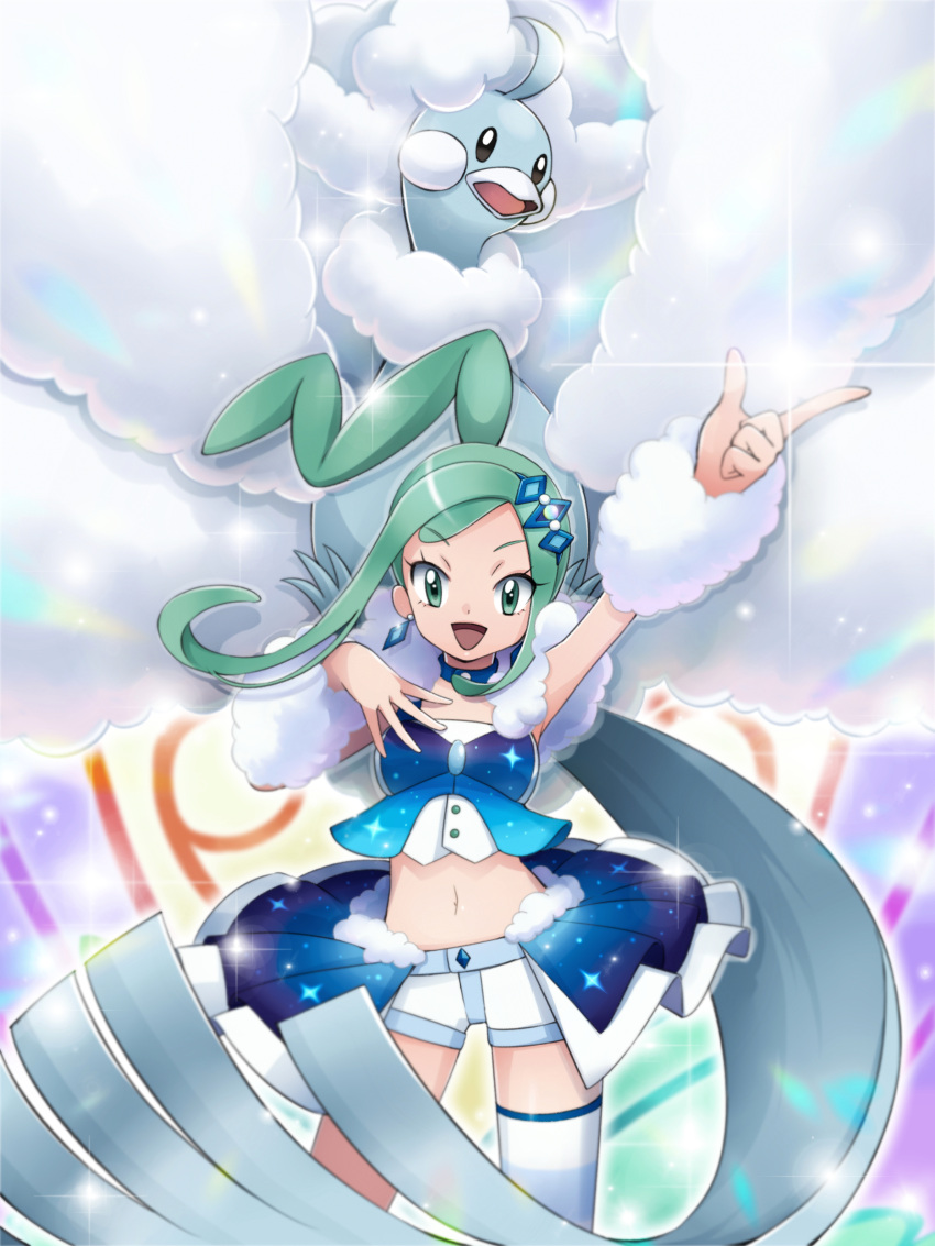 1girl :d absurdres altaria arm_warmers commentary earrings eyelashes green_eyes green_hair hair_ornament highres index_finger_raised jewelry lisia_(pokemon) looking_at_viewer ms_misubaru_mk2 navel open_mouth overskirt pokemon pokemon_(creature) pokemon_(game) pokemon_oras shorts sidelocks single_thighhigh smile thighhighs tongue