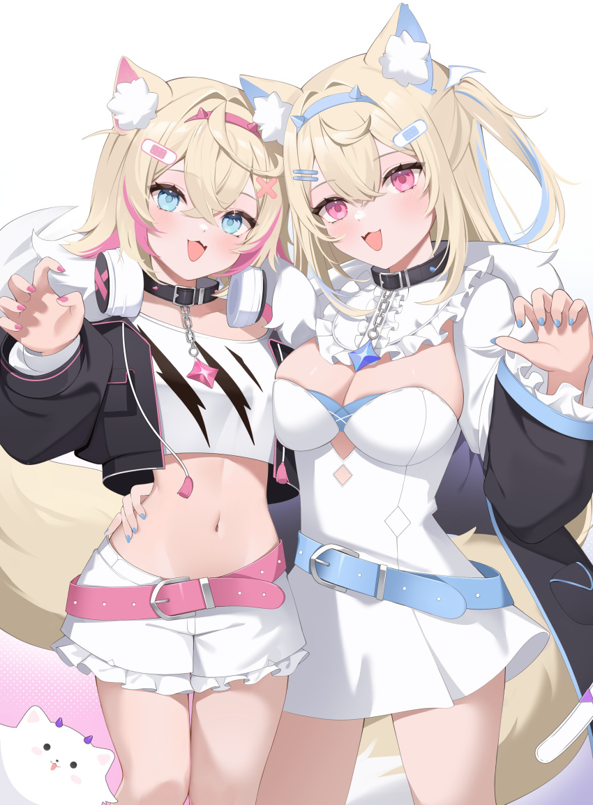2girls :3 absurdres animal_collar animal_ear_fluff animal_ears arm_around_waist bandaid_hair_ornament belt belt_collar black_collar black_jacket blonde_hair blue_belt blue_eyes blue_hair blue_hairband blue_nails breasts center_frills cleavage_cutout clothing_cutout collar cowboy_shot cropped_jacket cropped_shirt crossed_bangs cutout_above_navel detached_collar dog_ears dog_girl dog_tail double-parted_bangs drawstring dress eevyart fake_horns fang fingernails frilled_shirt_collar frilled_shorts frilled_sleeves frills fur-trimmed_jacket fur_trim fuwawa_abyssgard gradient_background hair_between_eyes hair_intakes hair_ornament hairband hairclip headband headphones headphones_around_neck highres hololive hololive_english horns jacket large_breasts light_blush long_hair long_sleeves midriff mococo_abyssgard multicolored_hair multiple_girls nail_polish navel open_mouth perroccino_(fuwamoco) pink_belt pink_eyes pink_hair pink_hairband pink_headband pink_nails puffy_long_sleeves puffy_sleeves shirt short_dress short_hair short_shorts shorts siblings side-by-side sisters skin_fang small_breasts smile spiked_collar spikes streaked_hair tail twins two_side_up virtual_youtuber white_dress white_shirt white_shorts x_hair_ornament
