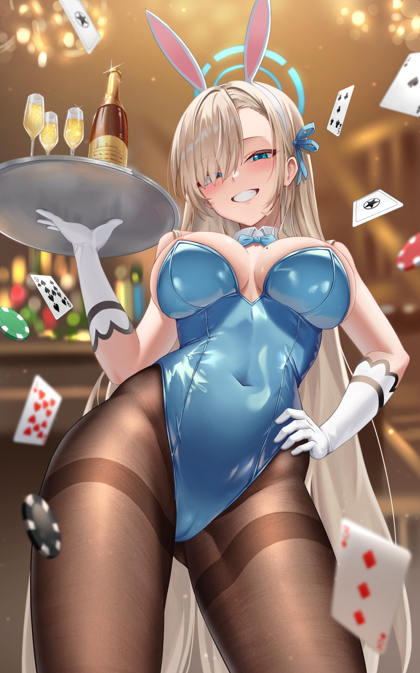 1girl absurdres animal_ears aqua_eyes asuna_(blue_archive) asuna_(bunny)_(blue_archive) bare_shoulders blonde_hair blue_archive blue_bow blue_bowtie blue_leotard blush bow bowtie breasts brown_pantyhose card cleavage covered_navel cup detached_collar drink elbow_gloves fake_animal_ears falling_card from_below gloves grin hair_over_one_eye hairband halo hand_on_own_hip highres holding holding_tray large_breasts leotard long_hair looking_at_viewer looking_down mole mole_on_breast pantyhose playboy_bunny playing_card poker_chip rabbit_ears smile solo thighband_pantyhose thighs tray white_gloves white_hairband yj_(yojo_san)