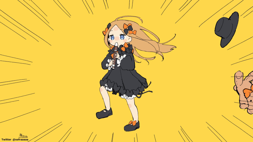 1girl abigail_williams_(fate) black_bow black_dress black_footwear black_headwear blonde_hair bloomers blue_eyes bow bug butterfly dress emphasis_lines fate/grand_order fate_(series) floating_hair full_body hair_bow hat hat_removed headwear_removed highres holding holding_instrument instrument kyoufuu_all_back_(vocaloid) long_hair long_sleeves looking_at_viewer orange_bow parted_bangs puffy_long_sleeves puffy_sleeves recorder shoes signature simple_background sofra solo standing standing_on_one_leg stuffed_animal stuffed_toy teddy_bear twitter_username underwear very_long_hair white_bloomers yellow_background